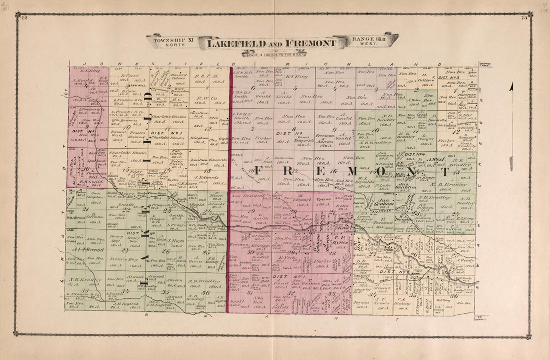 This old map of Lakefield and Fremont Townships from Atlas of Saginaw County, Mich from 1877 was created by Louis E. Neumann in 1877