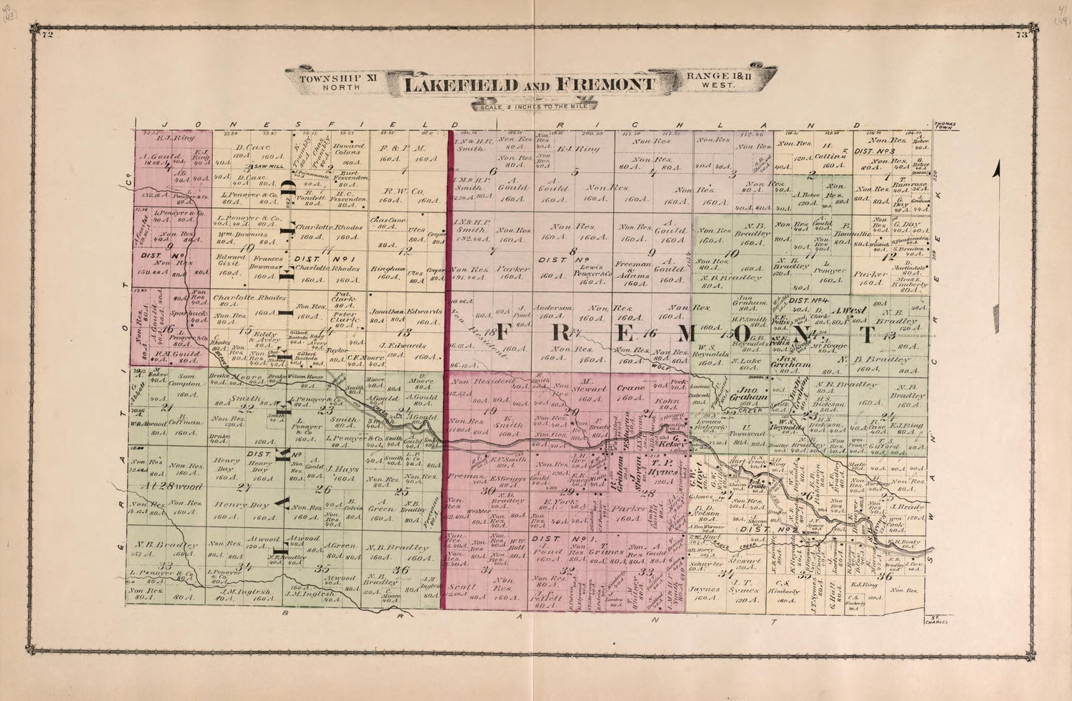 This old map of Lakefield and Fremont Townships from Atlas of Saginaw County, Mich from 1877 was created by Louis E. Neumann in 1877