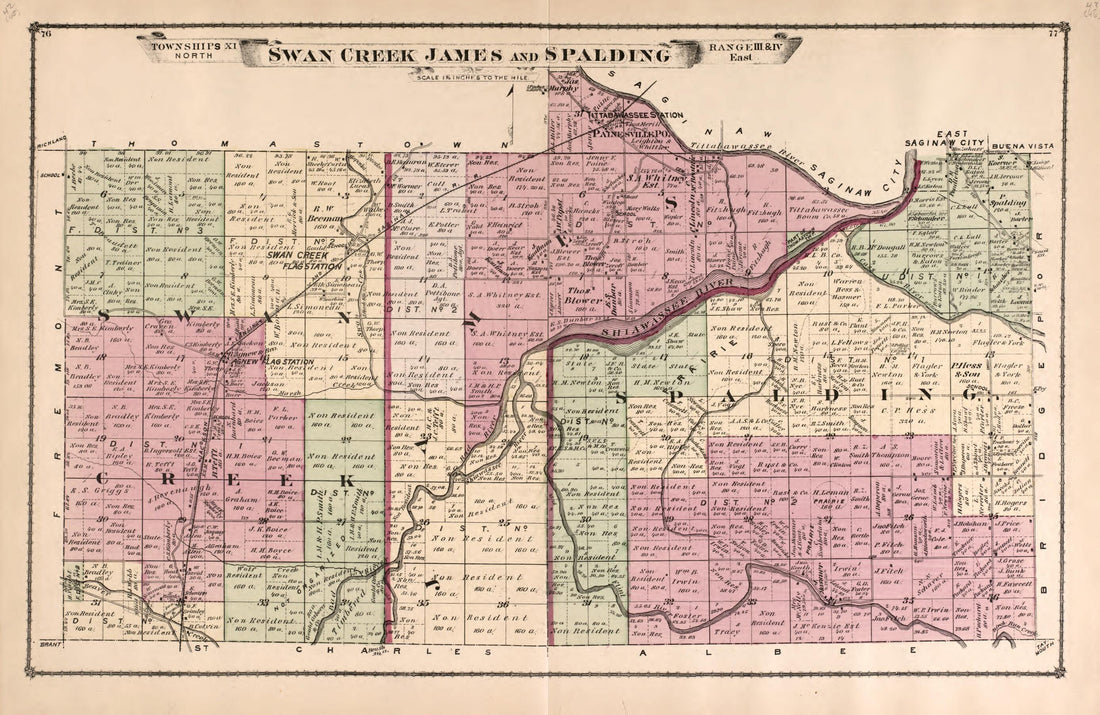 This old map of Swan Creek, James and Spalding Townships from Atlas of Saginaw County, Mich from 1877 was created by Louis E. Neumann in 1877