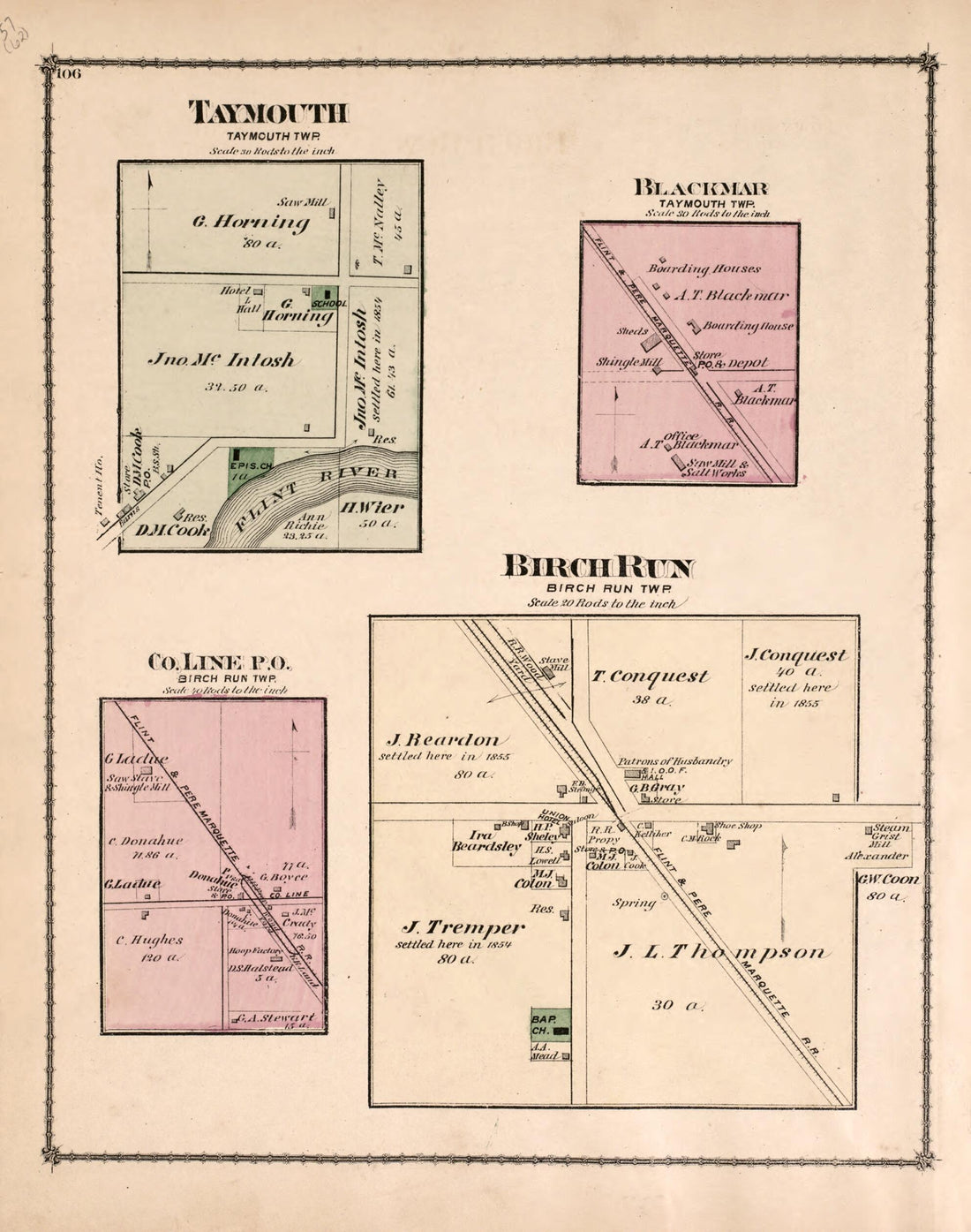 This old map of Taymouth, Blackmar, Co. Line P.O., Birch Run from Atlas of Saginaw County, Mich from 1877 was created by Louis E. Neumann in 1877