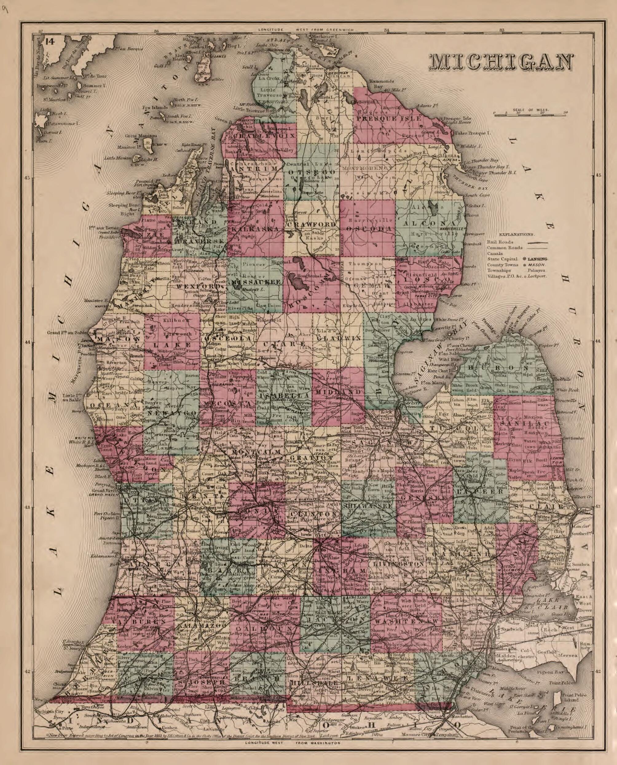 This old map of Michigan from Atlas of Saginaw County, Mich from 1877 was created by Louis E. Neumann in 1877