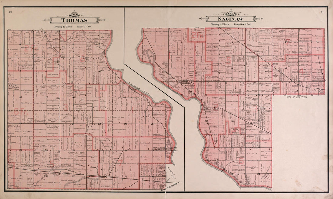 This old map of Thomas and Saginaw Townships from the County of Saginaw, Michigan from 1896 was created by Mich.) Imperial Publishing Co. (Saginaw in 1896