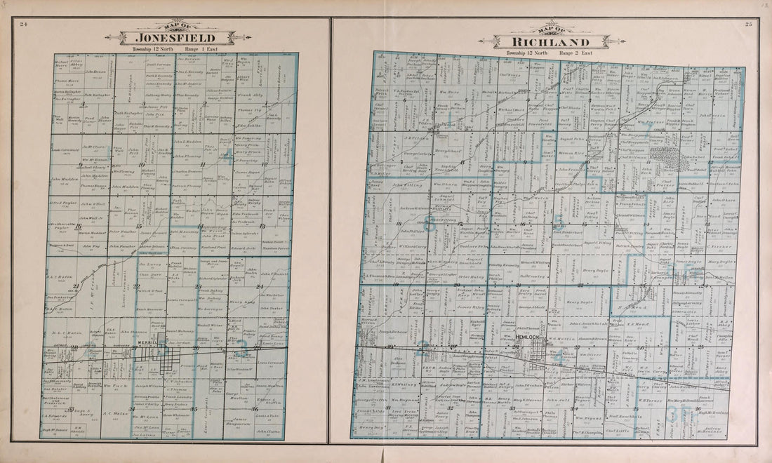 This old map of Jonesfield and Richland Townships from the County of Saginaw, Michigan from 1896 was created by Mich.) Imperial Publishing Co. (Saginaw in 1896