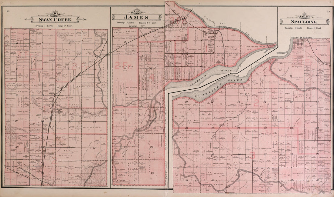 This old map of Swan Creek, James, and Spalding Townships from the County of Saginaw, Michigan from 1896 was created by Mich.) Imperial Publishing Co. (Saginaw in 1896