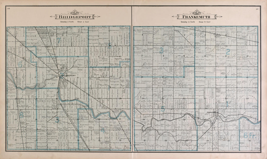 This old map of Bridgeport and Frankenmuth Townships from the County of Saginaw, Michigan from 1896 was created by Mich.) Imperial Publishing Co. (Saginaw in 1896