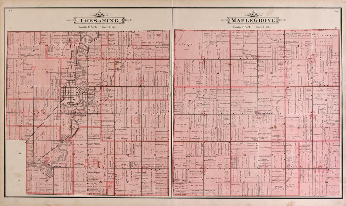 This old map of Chesaning and Maple Grove Townships from the County of Saginaw, Michigan from 1896 was created by Mich.) Imperial Publishing Co. (Saginaw in 1896