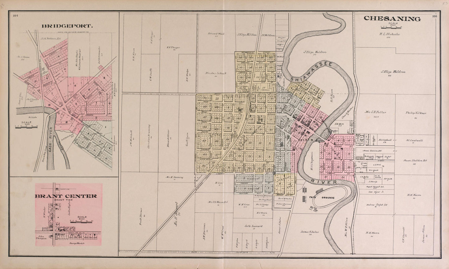 This old map of Bridgeport, Chesaning, and Brant Center from the County of Saginaw, Michigan from 1896 was created by Mich.) Imperial Publishing Co. (Saginaw in 1896