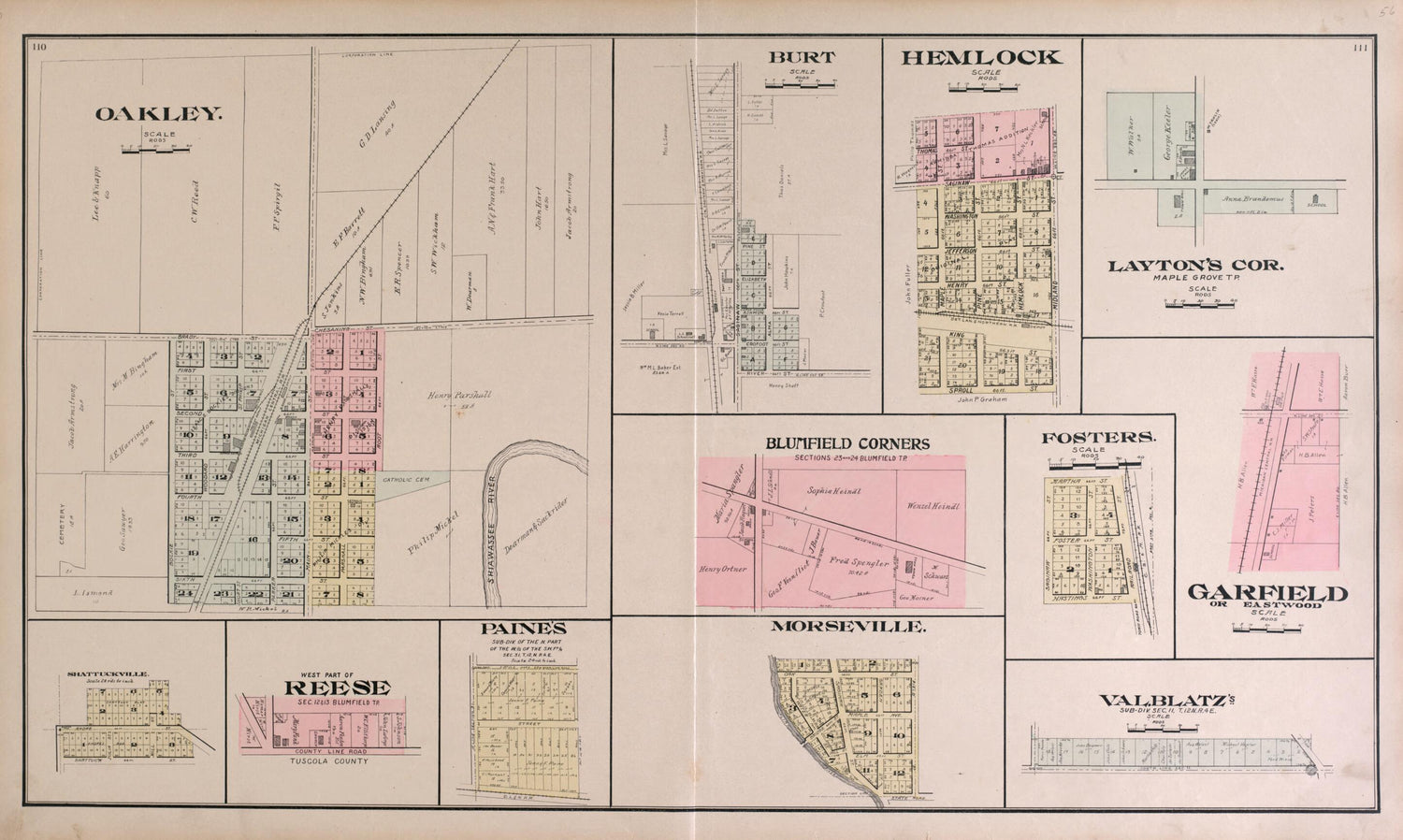 This old map of Oakley, Burt, Hemlock, Garfield, Morseville from the County of Saginaw, Michigan from 1896 was created by Mich.) Imperial Publishing Co. (Saginaw in 1896