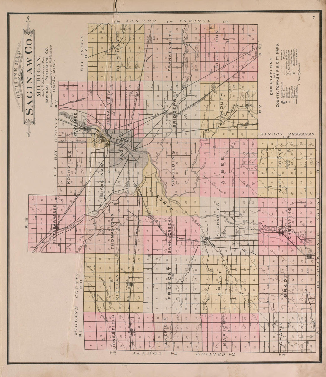 This old map of Outline Map of Saginaw County from the County of Saginaw, Michigan from 1896 was created by Mich.) Imperial Publishing Co. (Saginaw in 1896