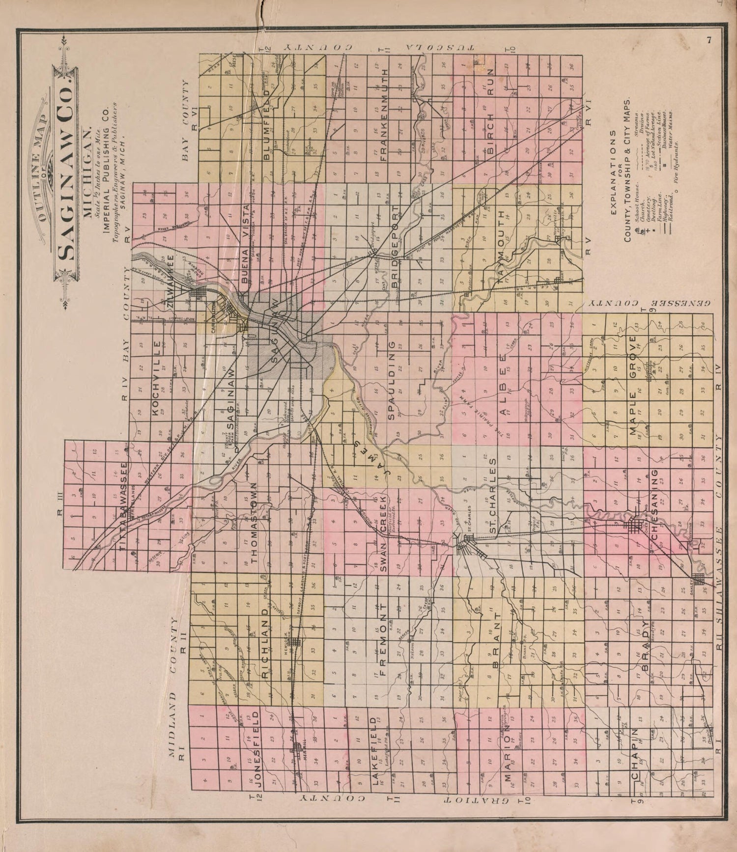 This old map of Outline Map of Saginaw County from the County of Saginaw, Michigan from 1896 was created by Mich.) Imperial Publishing Co. (Saginaw in 1896