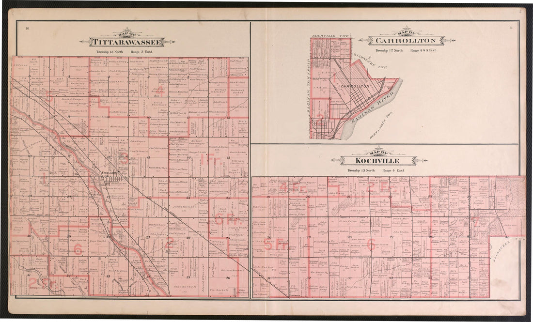 This old map of Tittabawassee, Carrollton, and Kochville Townships from the County of Saginaw, Michigan from 1896 was created by Mich.) Imperial Publishing Co. (Saginaw in 1896