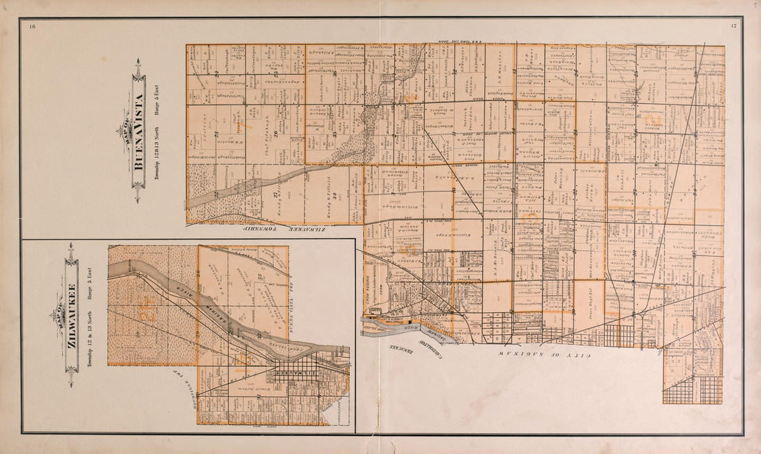 This old map of Zilwaukee and Buena Vista Townships from the County of Saginaw, Michigan from 1896 was created by Mich.) Imperial Publishing Co. (Saginaw in 1896