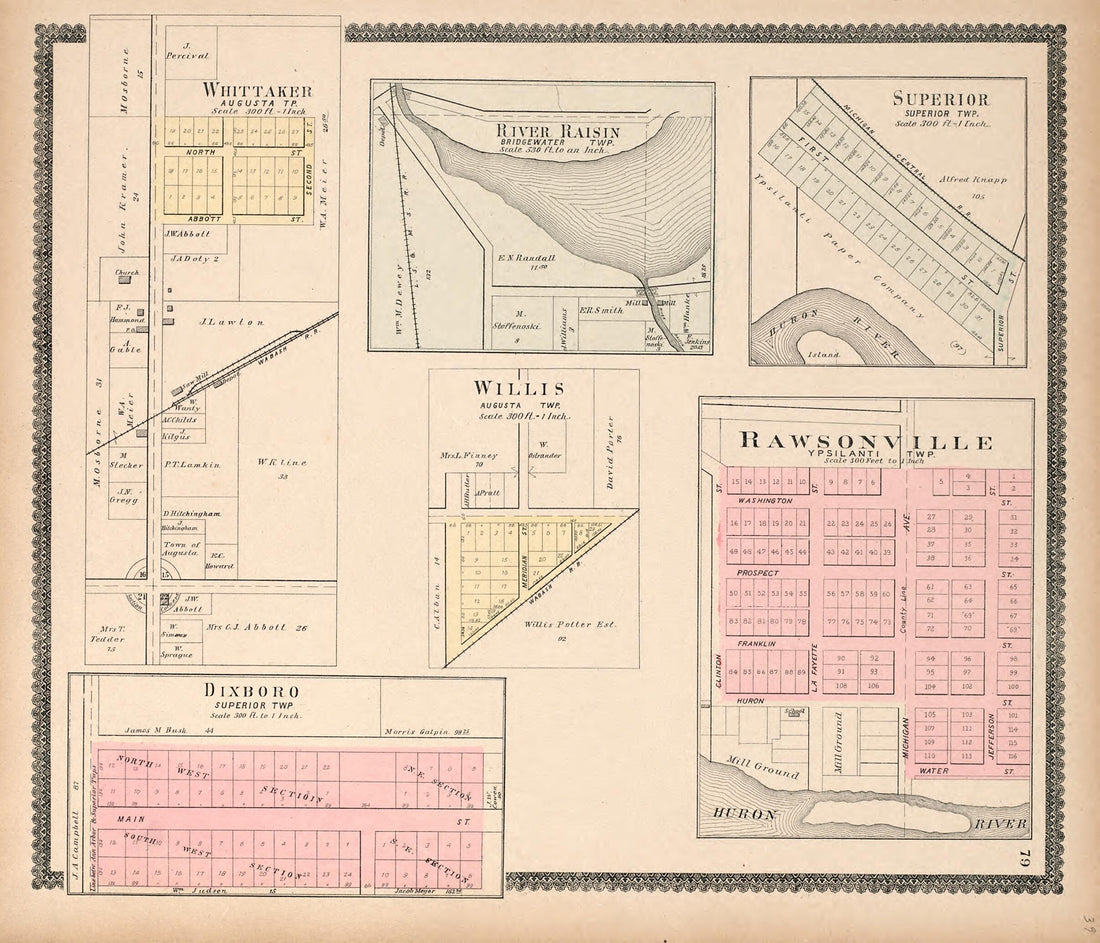 This old map of Whittacre; River Raisin; Superior; Willis; Rawsonville; Dixboro from Standard Atlas of Washtenaw County, Michigan from 1895 was created by  Geo. A. Ogle &amp; Co in 1895