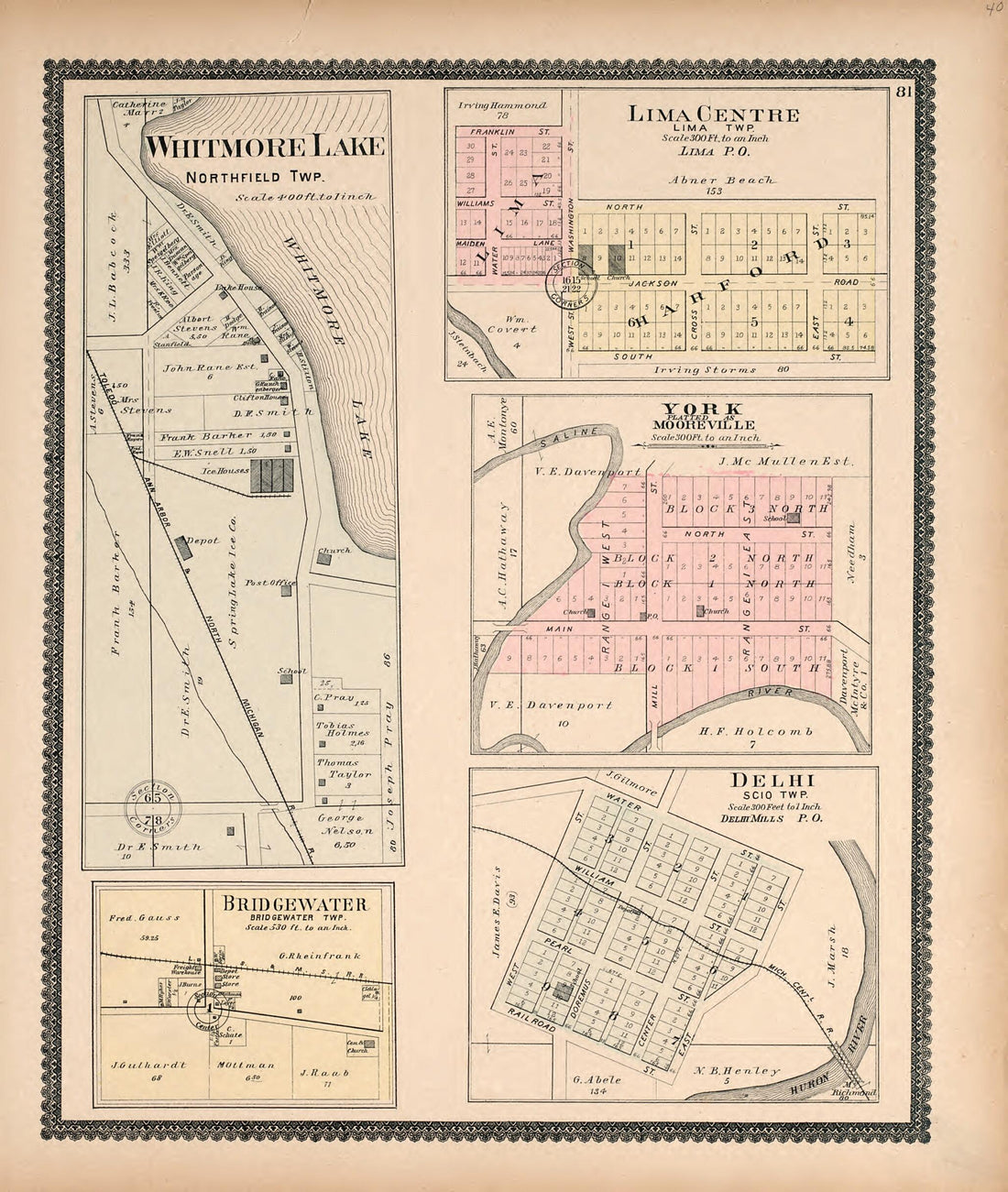 This old map of Whitmore Lake; Lima Center; Bridgewater; Delhi from Standard Atlas of Washtenaw County, Michigan from 1895 was created by  Geo. A. Ogle &amp; Co in 1895