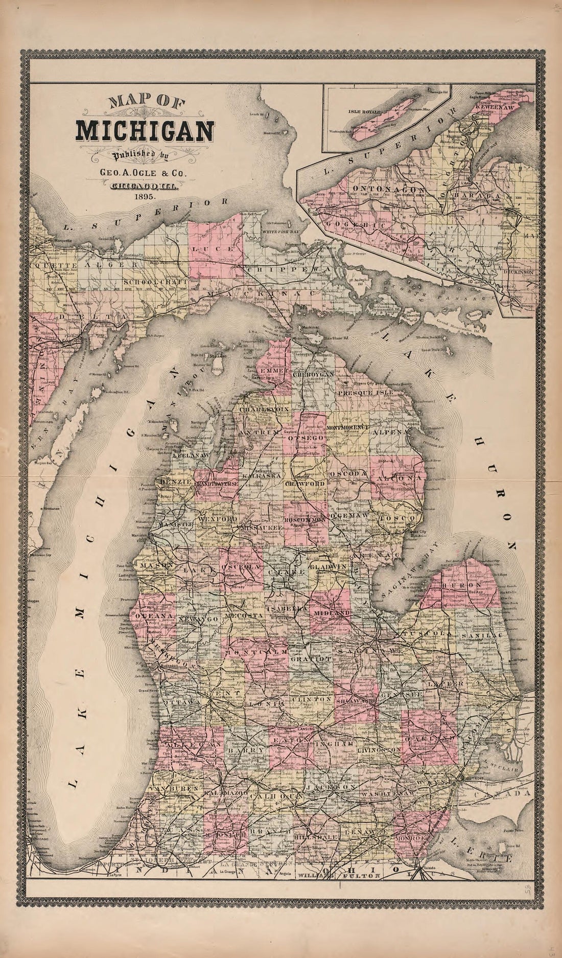 This old map of Map of Michigan from Standard Atlas of Washtenaw County, Michigan from 1895 was created by  Geo. A. Ogle &amp; Co in 1895