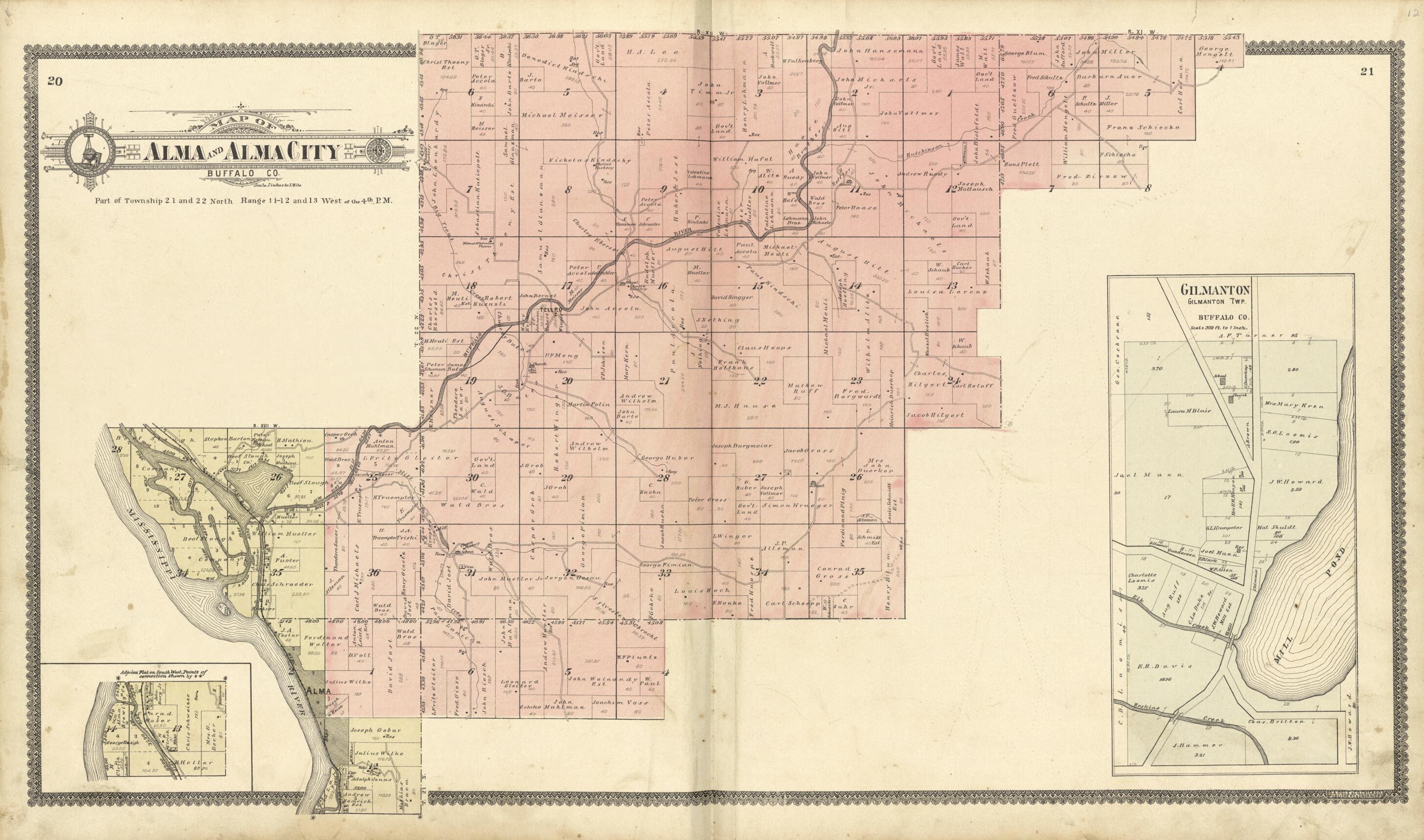 This old map of Alma and Alma City Buffalo Co. from Standard Atlas of Buffalo and Pepin Counties, Wisconsin from 1896 was created by  Geo. A. Ogle &amp; Co in 1896
