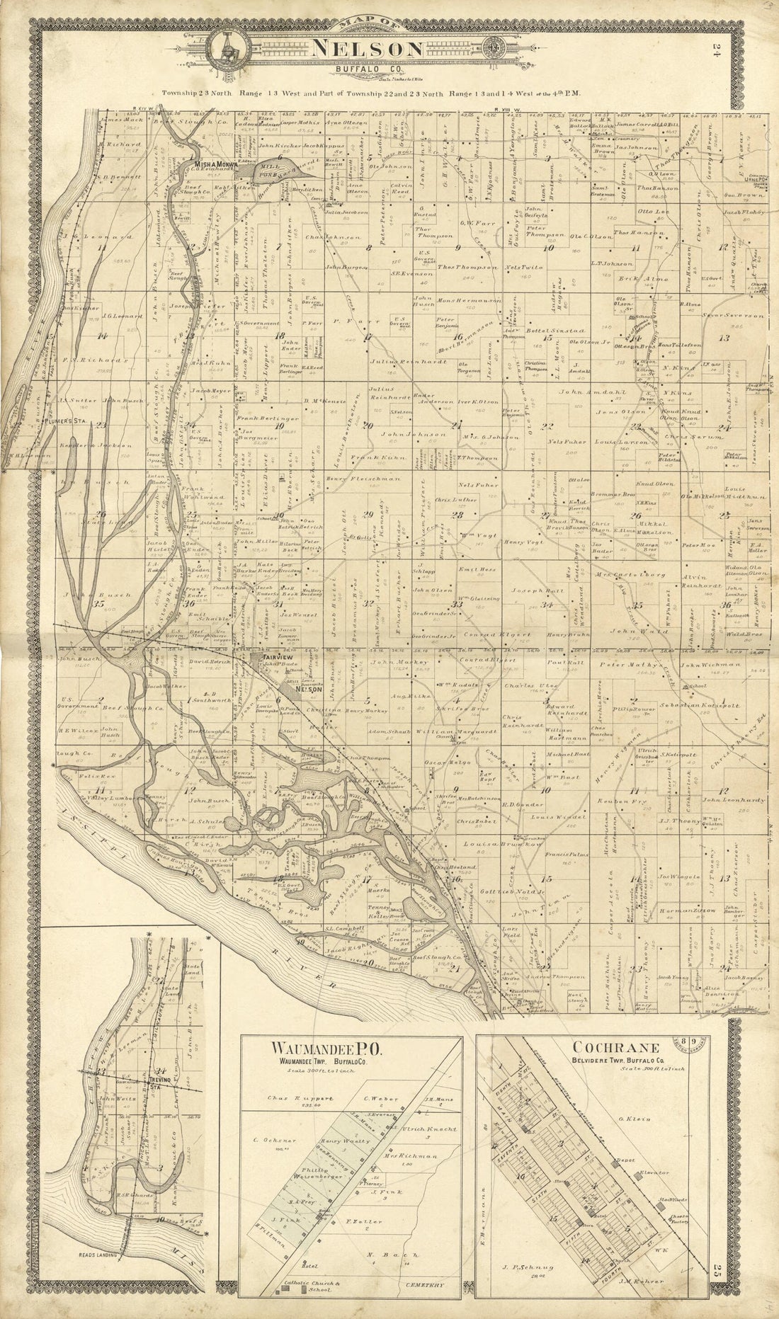 This old map of Map of Nelson Buffalo Co. from Standard Atlas of Buffalo and Pepin Counties, Wisconsin from 1896 was created by  Geo. A. Ogle &amp; Co in 1896
