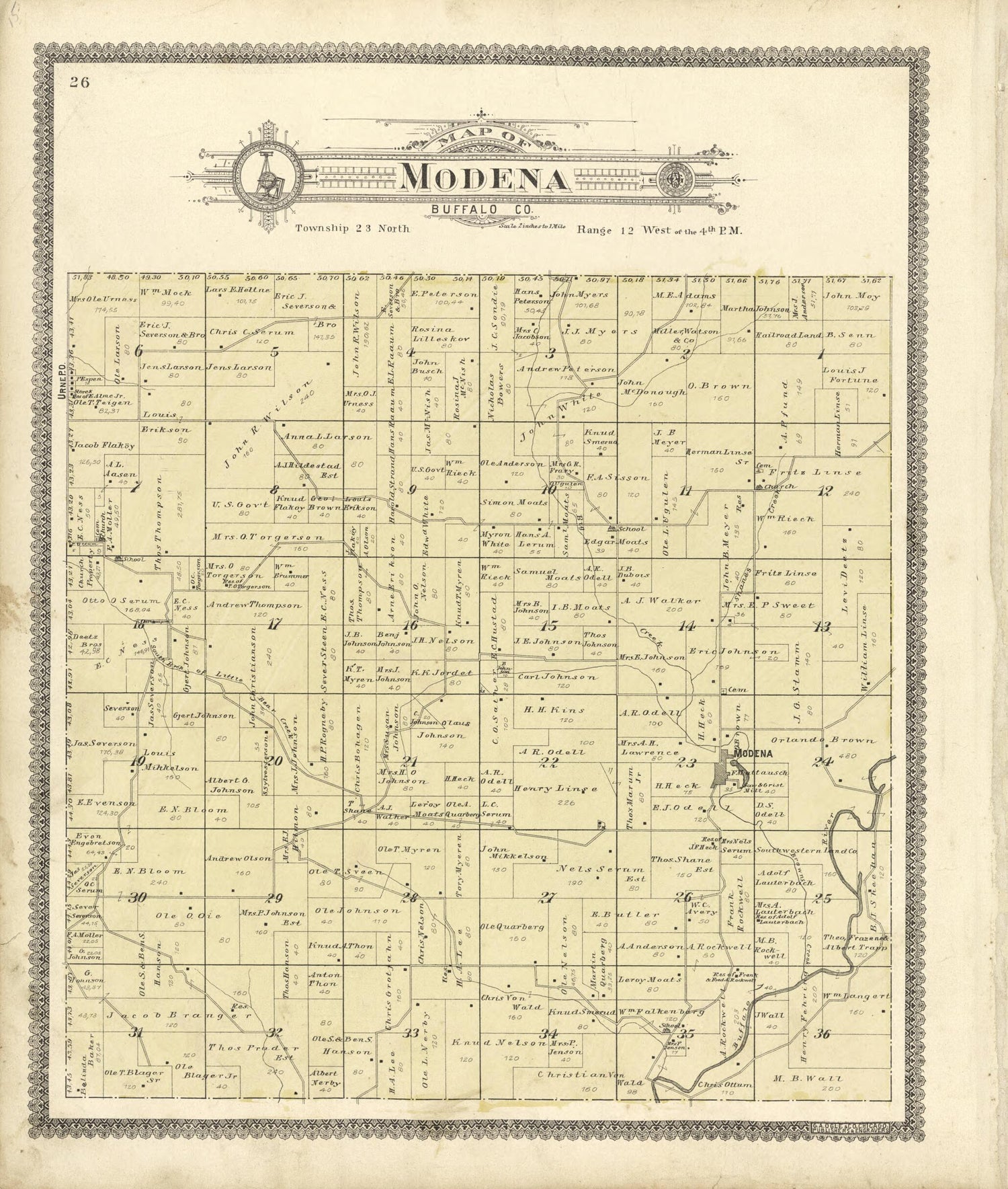 This old map of Map of Modena Buffalo Co. from Standard Atlas of Buffalo and Pepin Counties, Wisconsin from 1896 was created by  Geo. A. Ogle &amp; Co in 1896