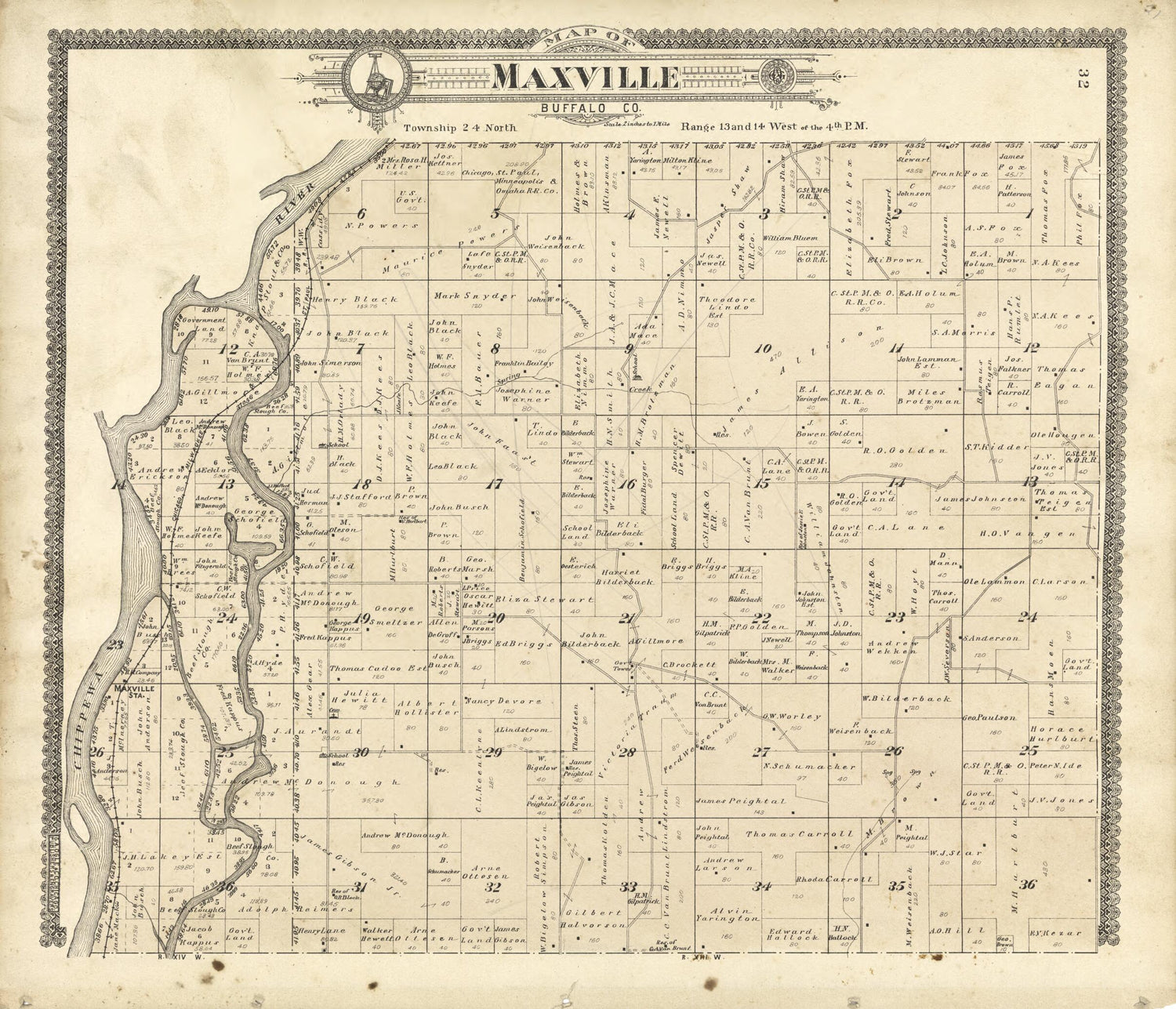 This old map of Map of Maxville Buffalo Co. from Standard Atlas of Buffalo and Pepin Counties, Wisconsin from 1896 was created by  Geo. A. Ogle &amp; Co in 1896