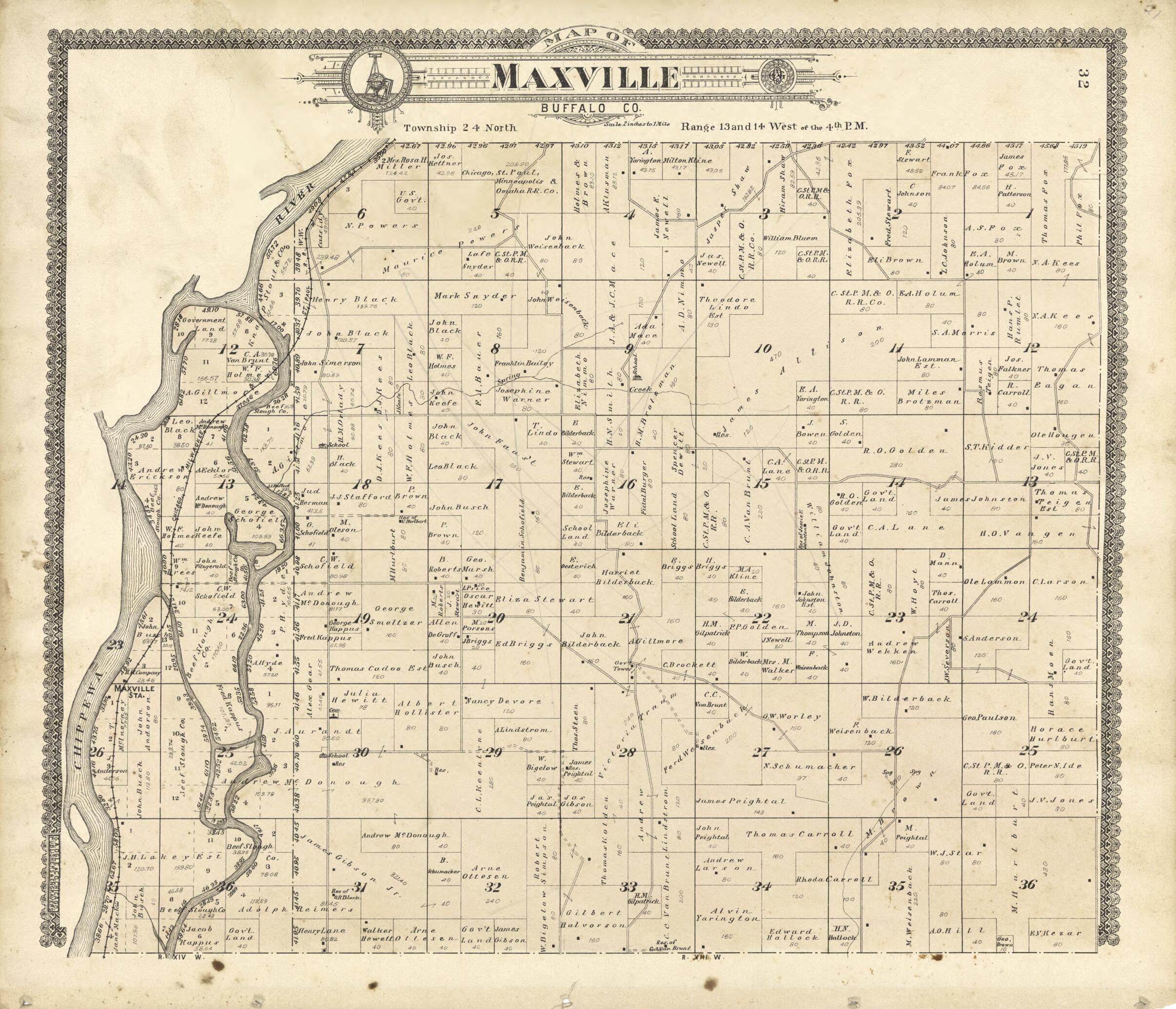 This old map of Map of Maxville Buffalo Co. from Standard Atlas of Buffalo and Pepin Counties, Wisconsin from 1896 was created by  Geo. A. Ogle &amp; Co in 1896