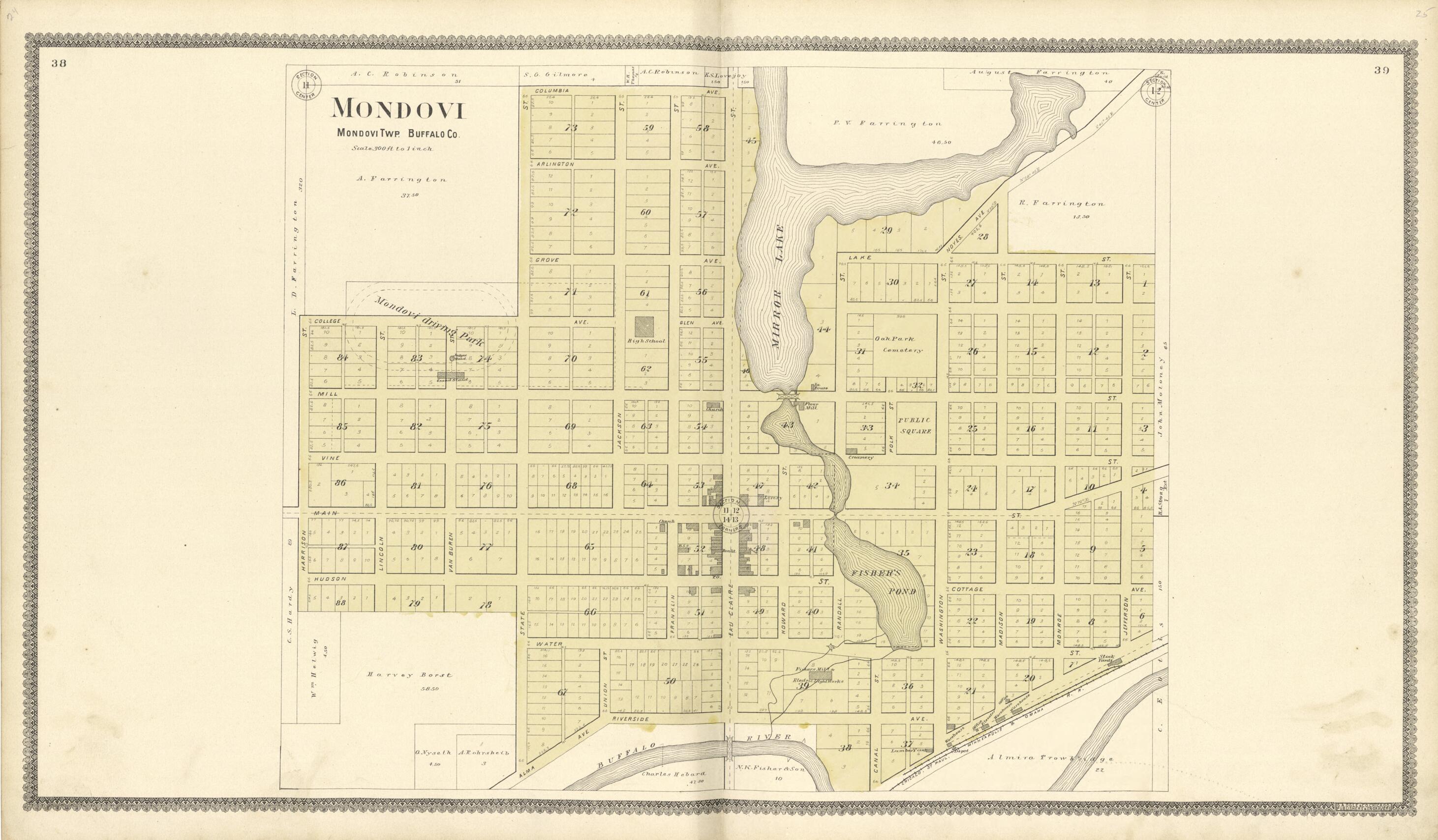 This old map of Mondovi from Standard Atlas of Buffalo and Pepin Counties, Wisconsin from 1896 was created by  Geo. A. Ogle &amp; Co in 1896