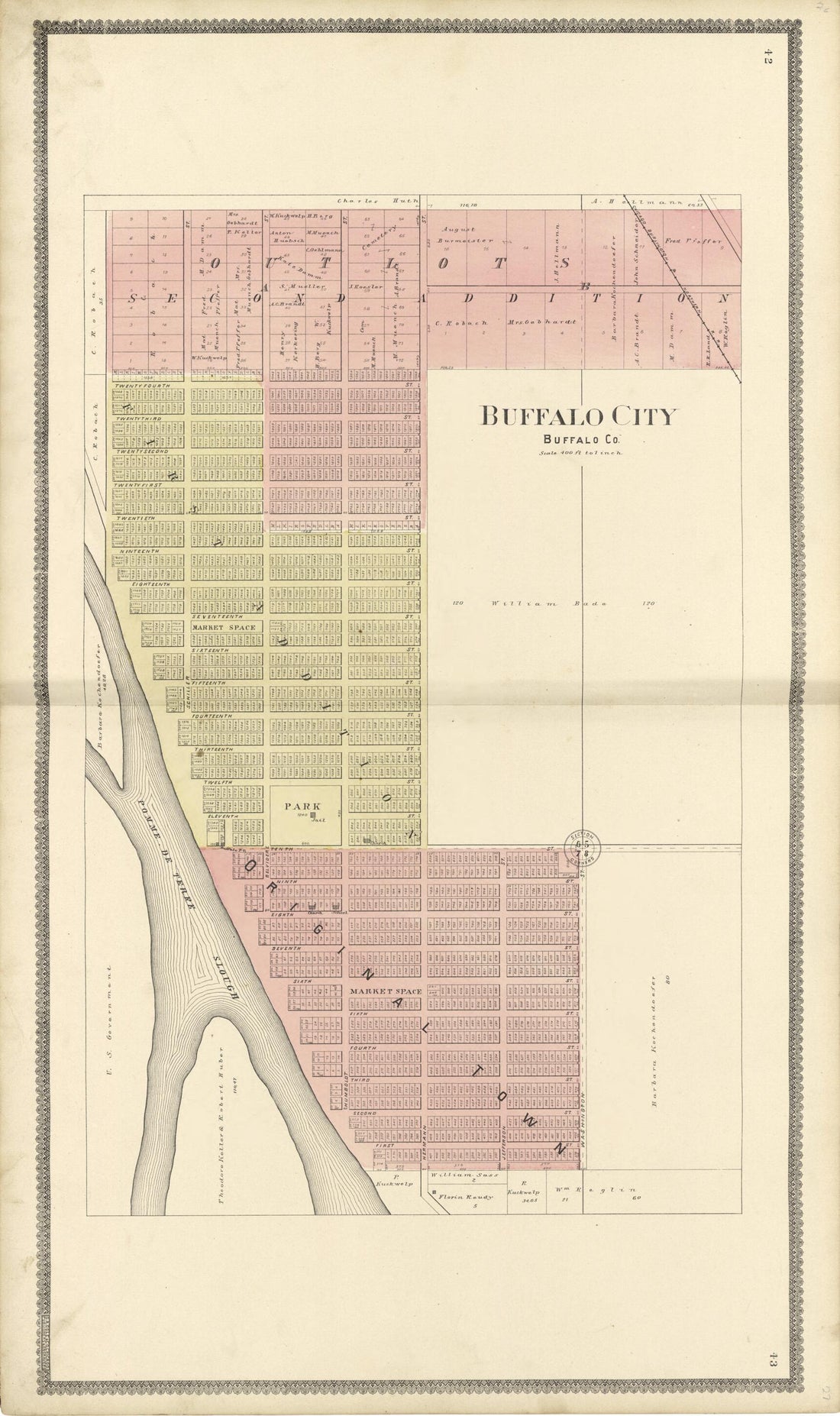 This old map of Buffalo City from Standard Atlas of Buffalo and Pepin Counties, Wisconsin from 1896 was created by  Geo. A. Ogle &amp; Co in 1896