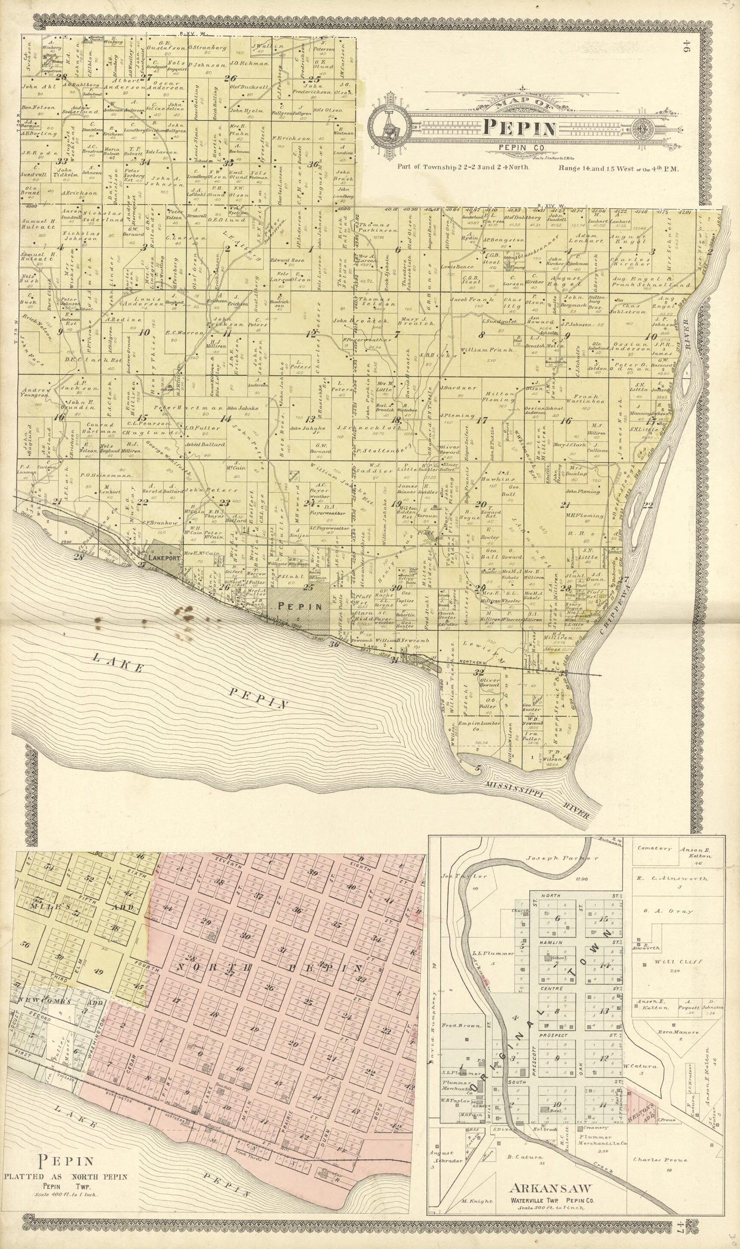 This old map of Map of Pepin from Standard Atlas of Buffalo and Pepin Counties, Wisconsin from 1896 was created by  Geo. A. Ogle &amp; Co in 1896