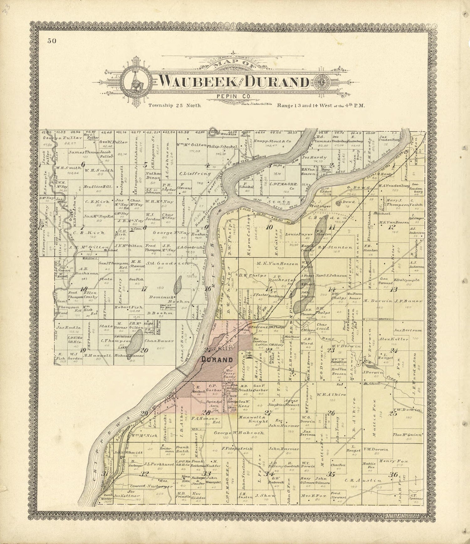 This old map of Map of Waubeek and Durand Pepin Co. from Standard Atlas of Buffalo and Pepin Counties, Wisconsin from 1896 was created by  Geo. A. Ogle &amp; Co in 1896