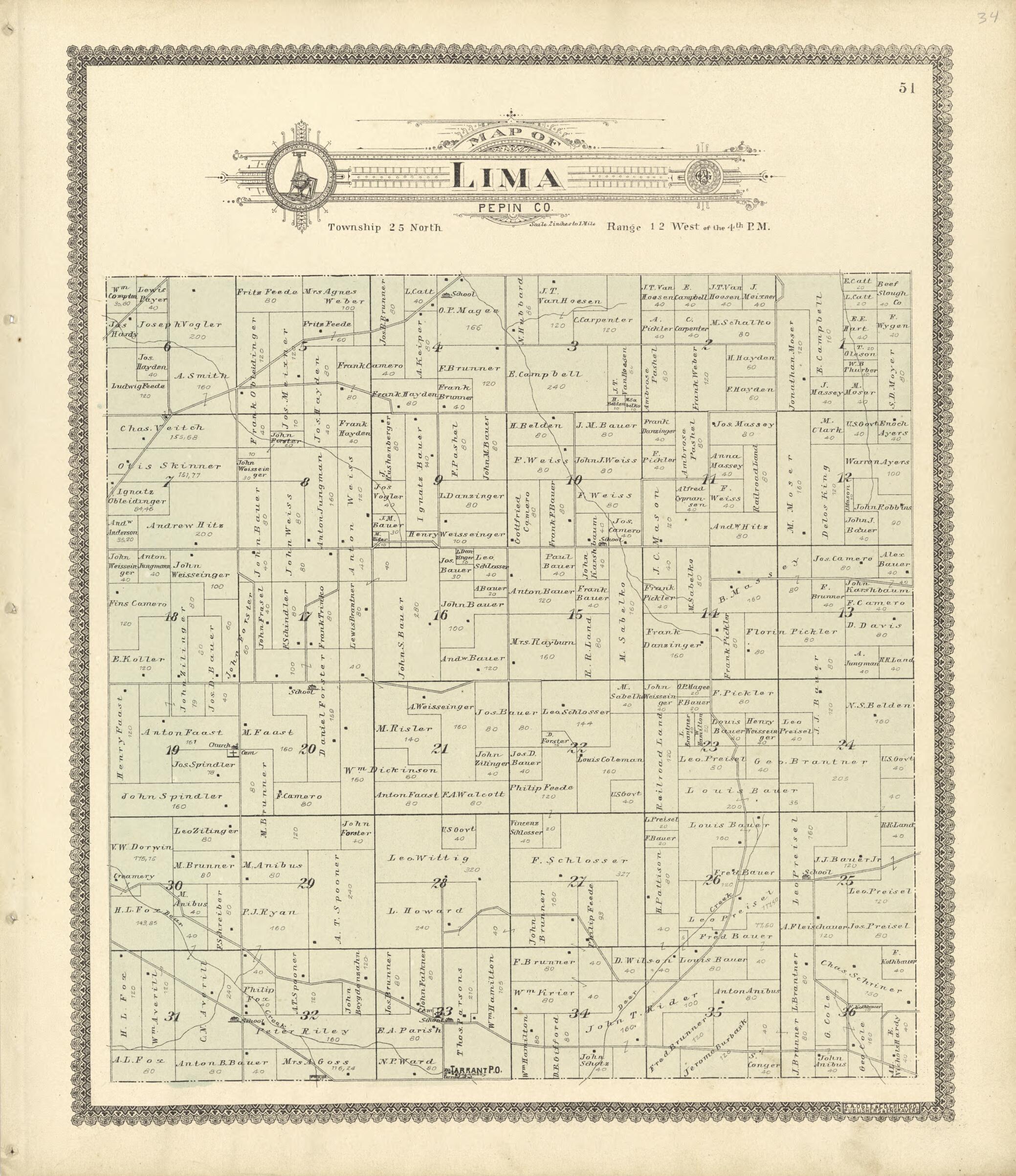 This old map of Map of Lima from Standard Atlas of Buffalo and Pepin Counties, Wisconsin from 1896 was created by  Geo. A. Ogle &amp; Co in 1896