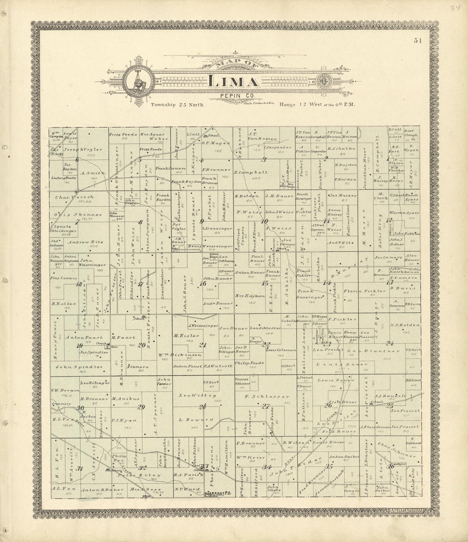 This old map of Map of Lima from Standard Atlas of Buffalo and Pepin Counties, Wisconsin from 1896 was created by  Geo. A. Ogle &amp; Co in 1896