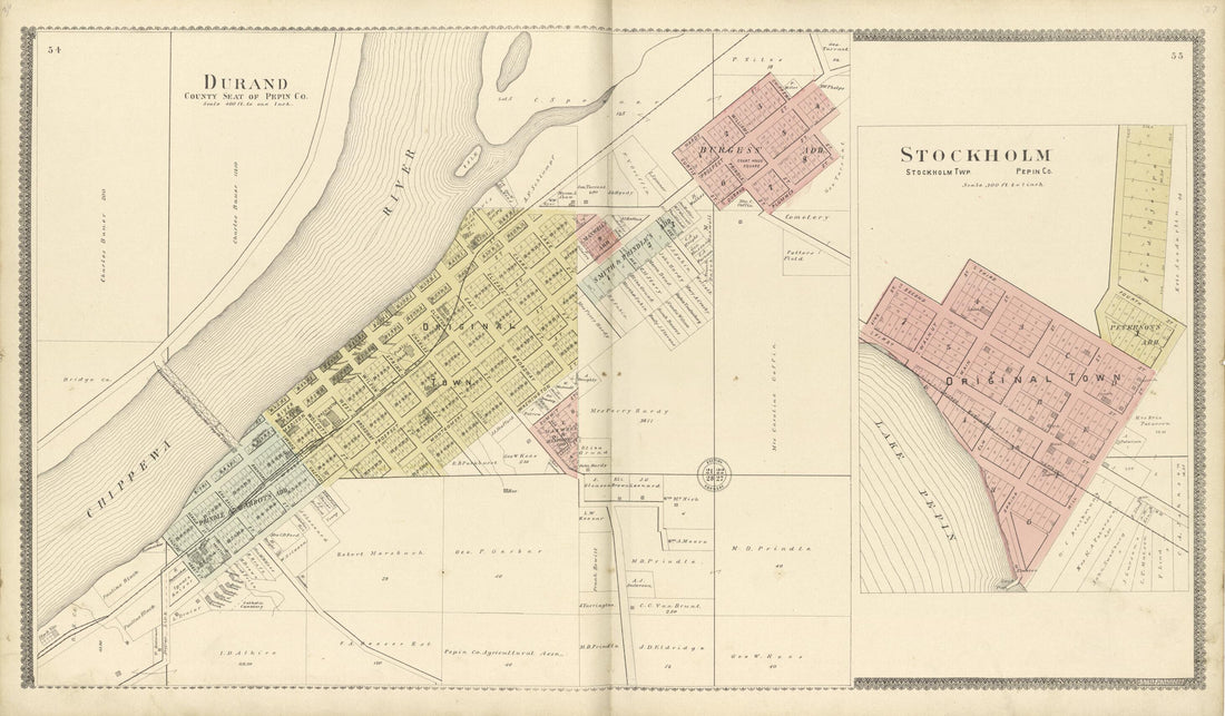 This old map of Durand County Seat of Pepin Co. and Stockholm Twp. from Standard Atlas of Buffalo and Pepin Counties, Wisconsin from 1896 was created by  Geo. A. Ogle &amp; Co in 1896