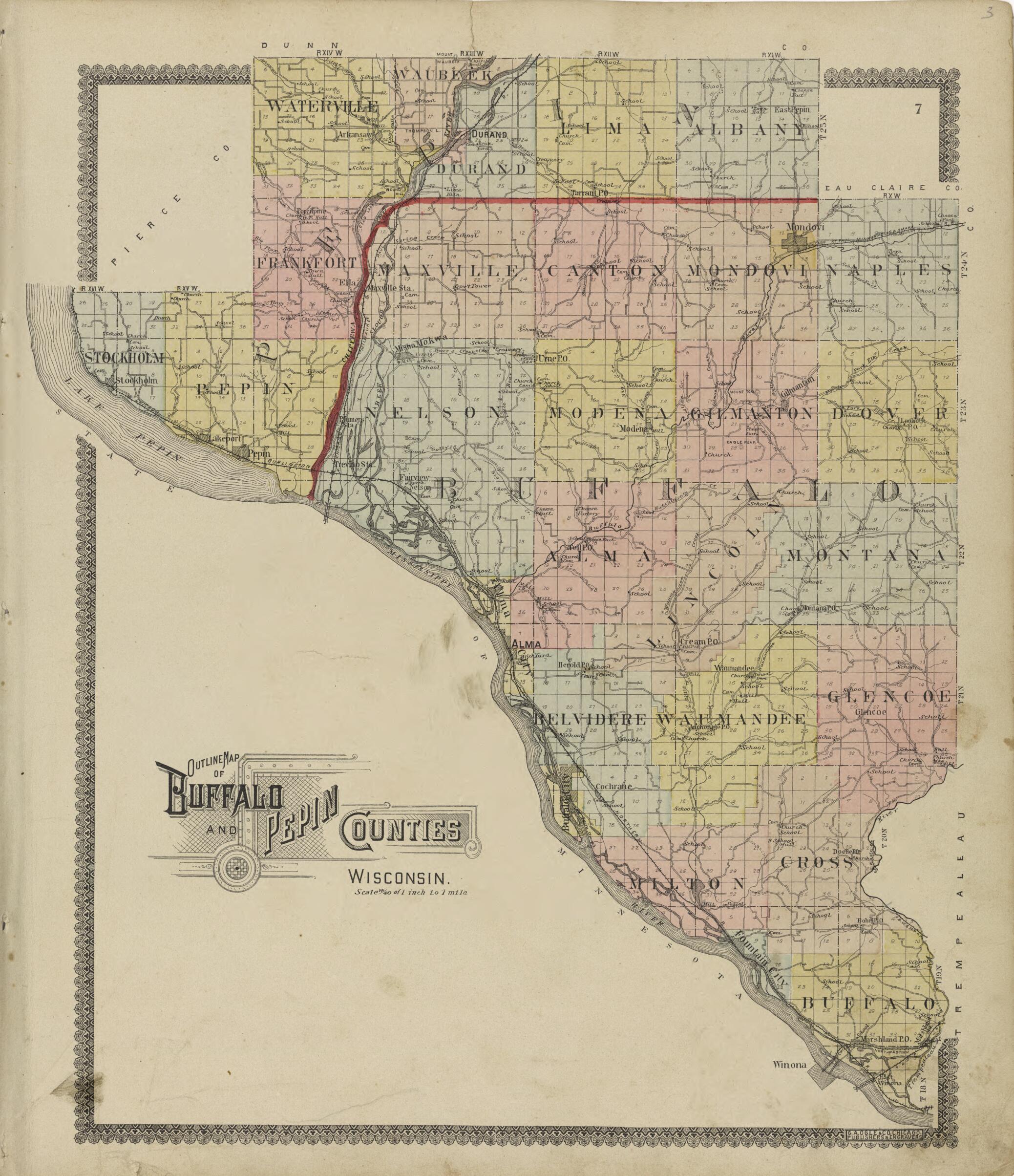 This old map of Outline Map of Buffalo and Pepin Counties Wisconsin. from Standard Atlas of Buffalo and Pepin Counties, Wisconsin from 1896 was created by  Geo. A. Ogle &amp; Co in 1896