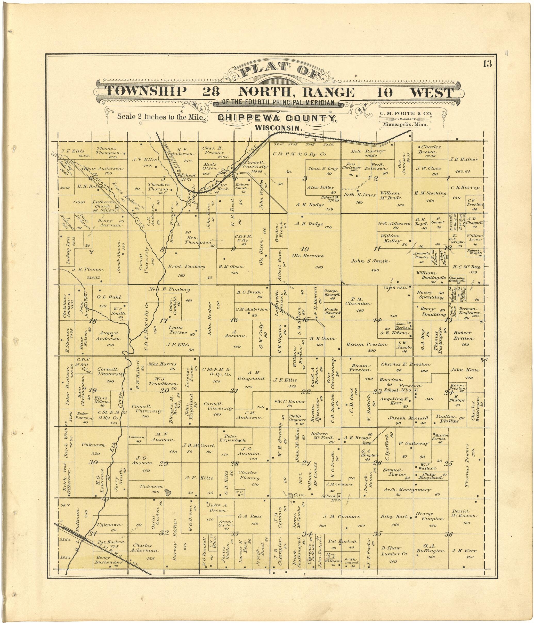 This old map of Plat of Township 28 North, Range 10 West from Plat Book of Chippewa County, Wisconsin from 1888 was created by C. M. (Charles M.) Foote in 1888
