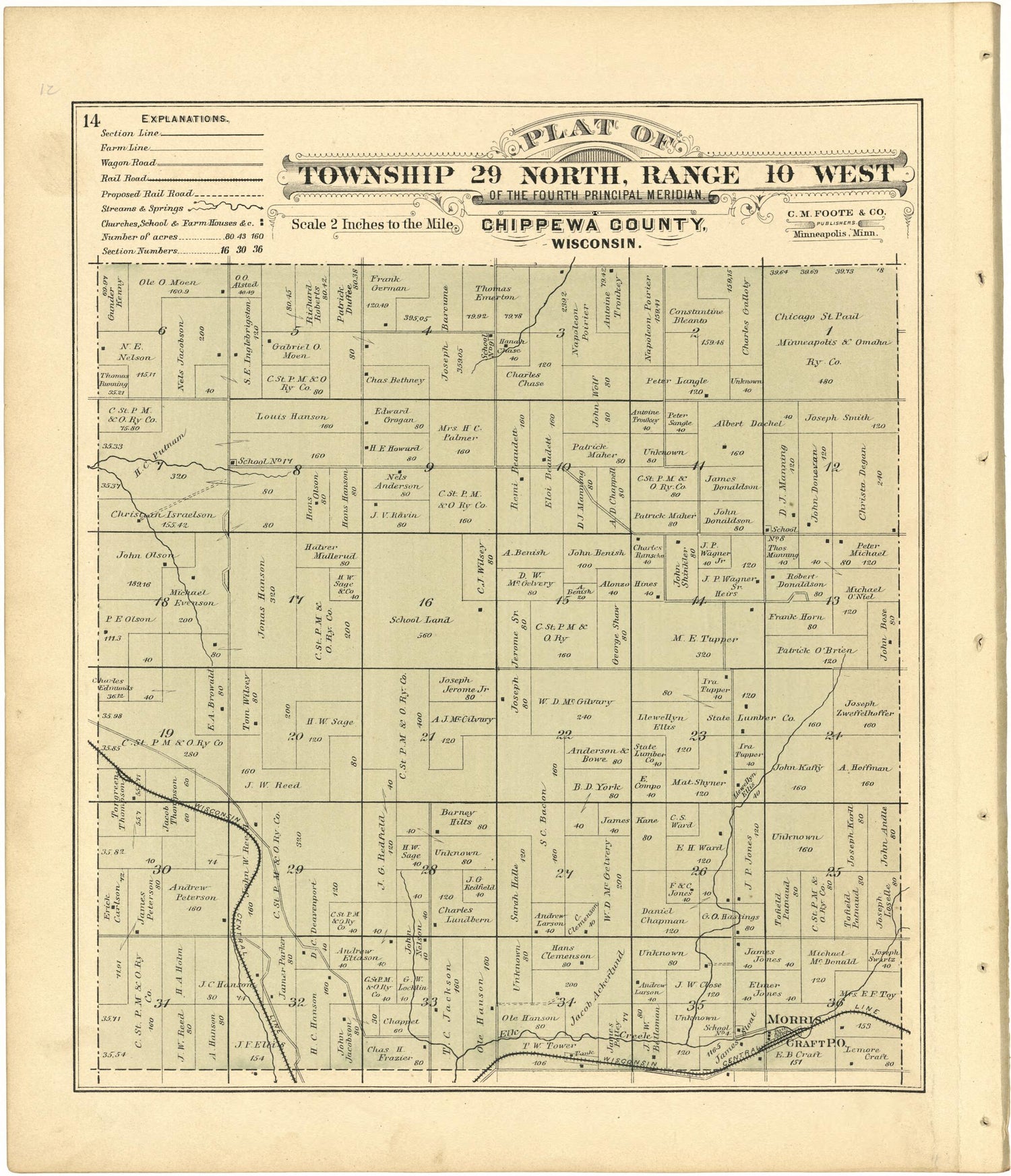 This old map of Plat of Township 29 North, Range 10 West from Plat Book of Chippewa County, Wisconsin from 1888 was created by C. M. (Charles M.) Foote in 1888