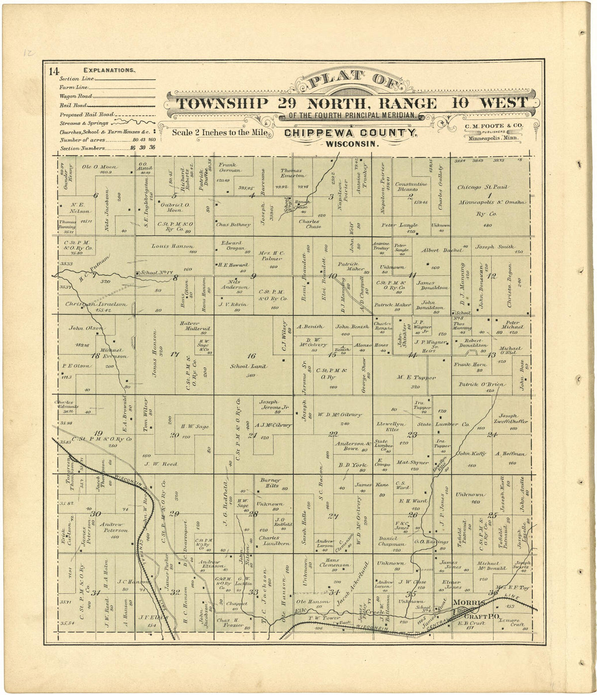 Plat of Township 29 North, Range 10 West from Plat Book of Chippewa County, Wisconsin 1888 by Relic Map Company