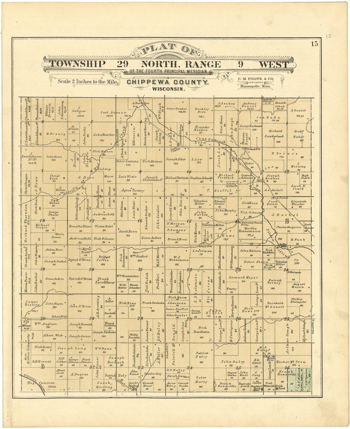 Plat of Township 29 North, Range 9 West from Plat Book of Chippewa County, Wisconsin 1888 by Relic Map Company