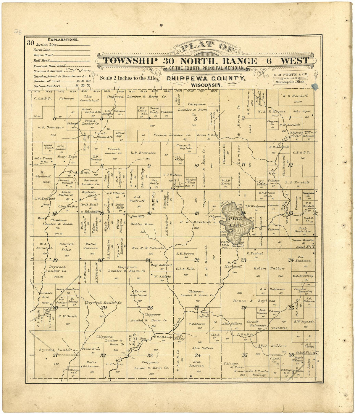 Plat of Township 30 North, Range 6 West from Plat Book of Chippewa County, Wisconsin 1888 by Relic Map Company
