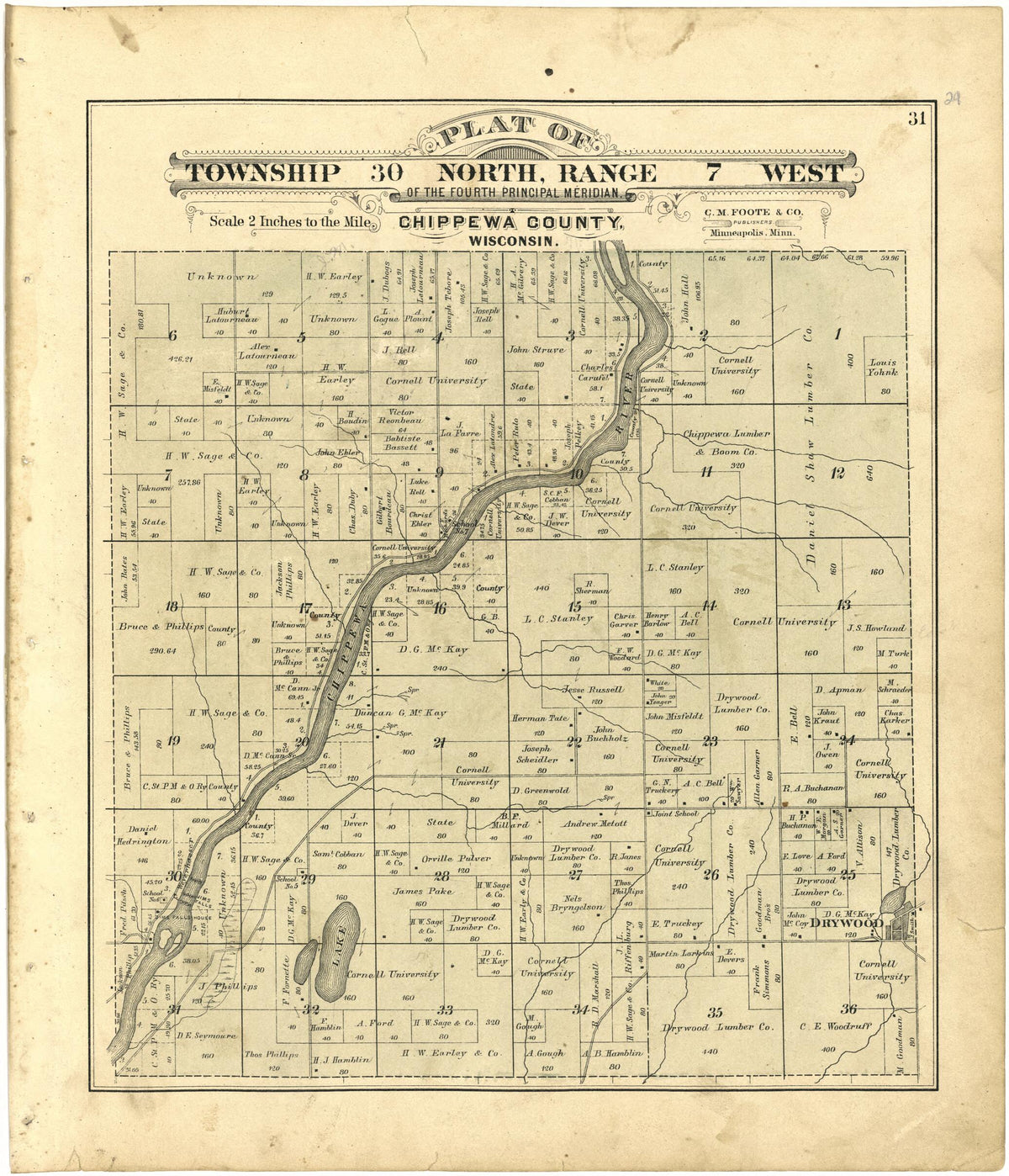 Plat of Township 30 North, Range 7 West from Plat Book of Chippewa County, Wisconsin 1888 by Relic Map Company
