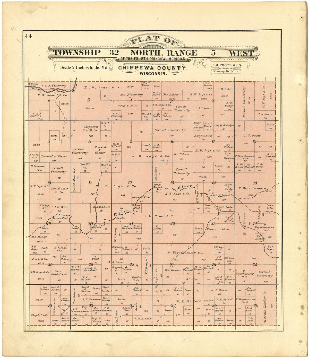 Plat of Township 32 North, Range 5 West from Plat Book of Chippewa County, Wisconsin 1888 by Relic Map Company