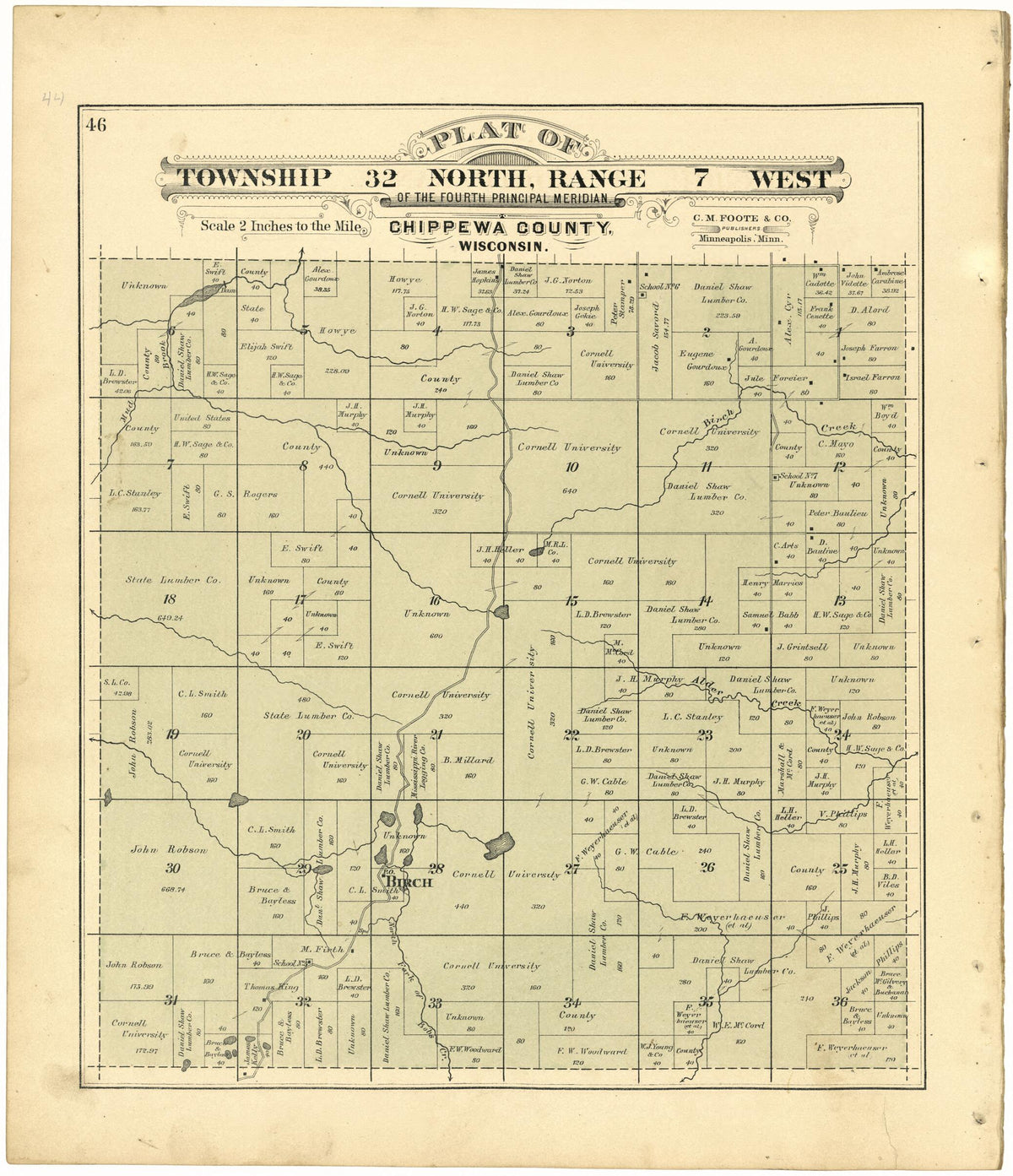 Plat of Township 32 North, Range 7 West from Plat Book of Chippewa County, Wisconsin 1888 by Relic Map Company