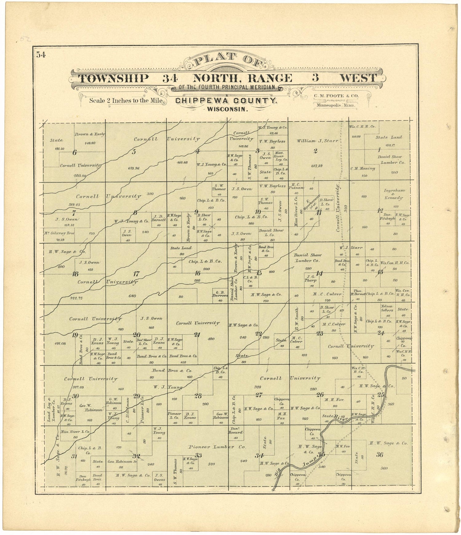 This old map of Plat of Township 34 North, Range 3 West from Plat Book of Chippewa County, Wisconsin from 1888 was created by C. M. (Charles M.) Foote in 1888
