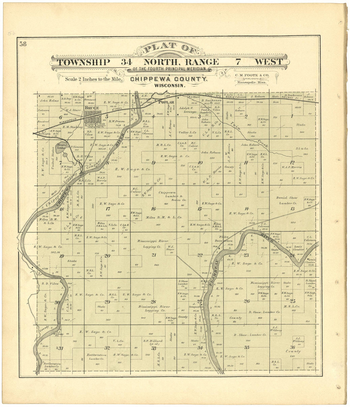 Plat of Township 34 North, Range 7 West from Plat Book of Chippewa County, Wisconsin 1888 by Relic Map Company