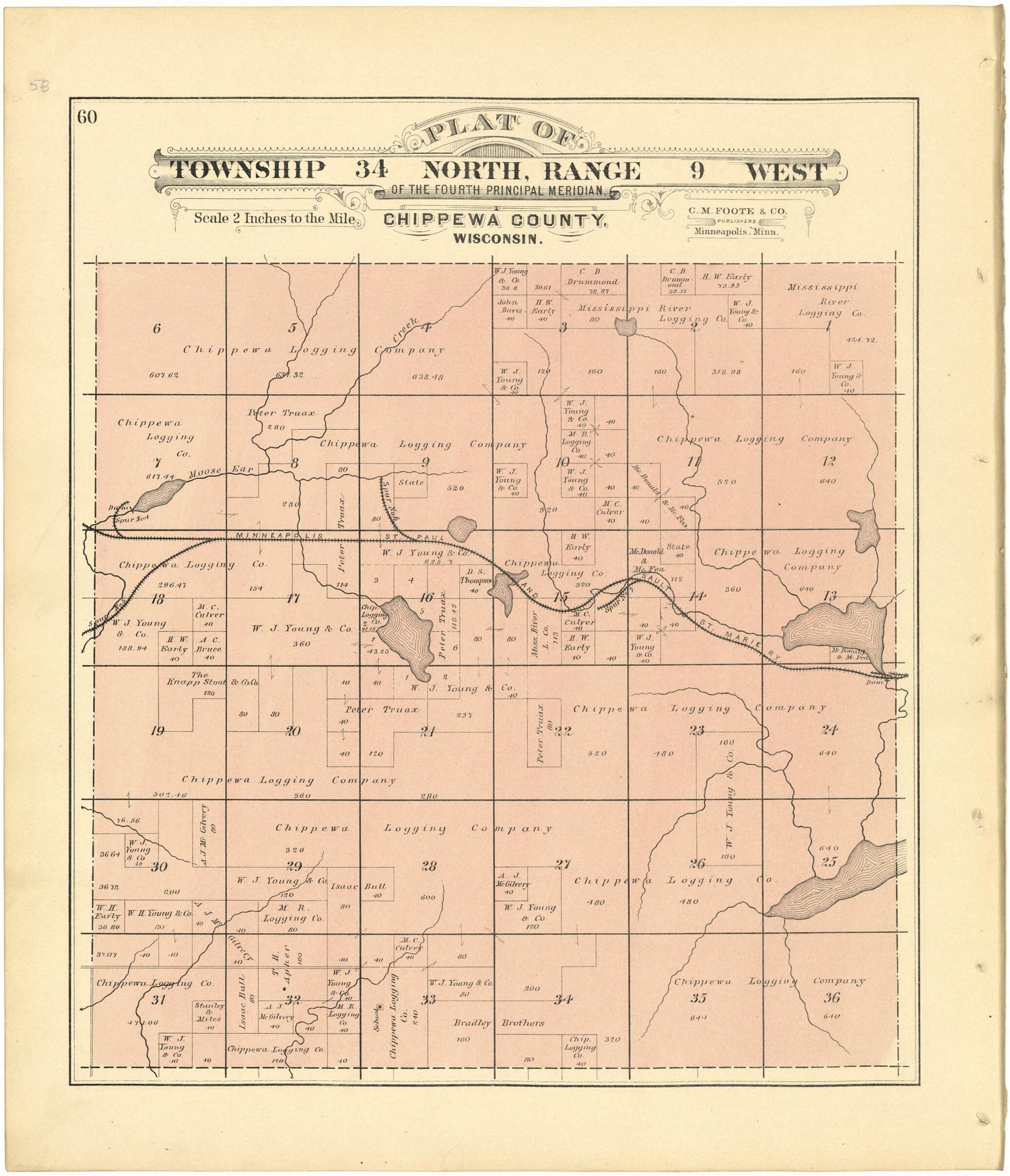 This old map of Plat of Township 34 North, Range 9 West from Plat Book of Chippewa County, Wisconsin from 1888 was created by C. M. (Charles M.) Foote in 1888