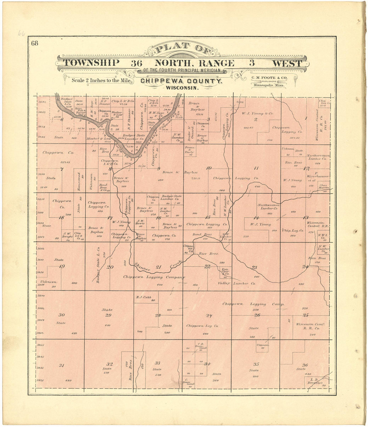 Plat of Township 36 North, Range 3 West from Plat Book of Chippewa County, Wisconsin 1888 by Relic Map Company