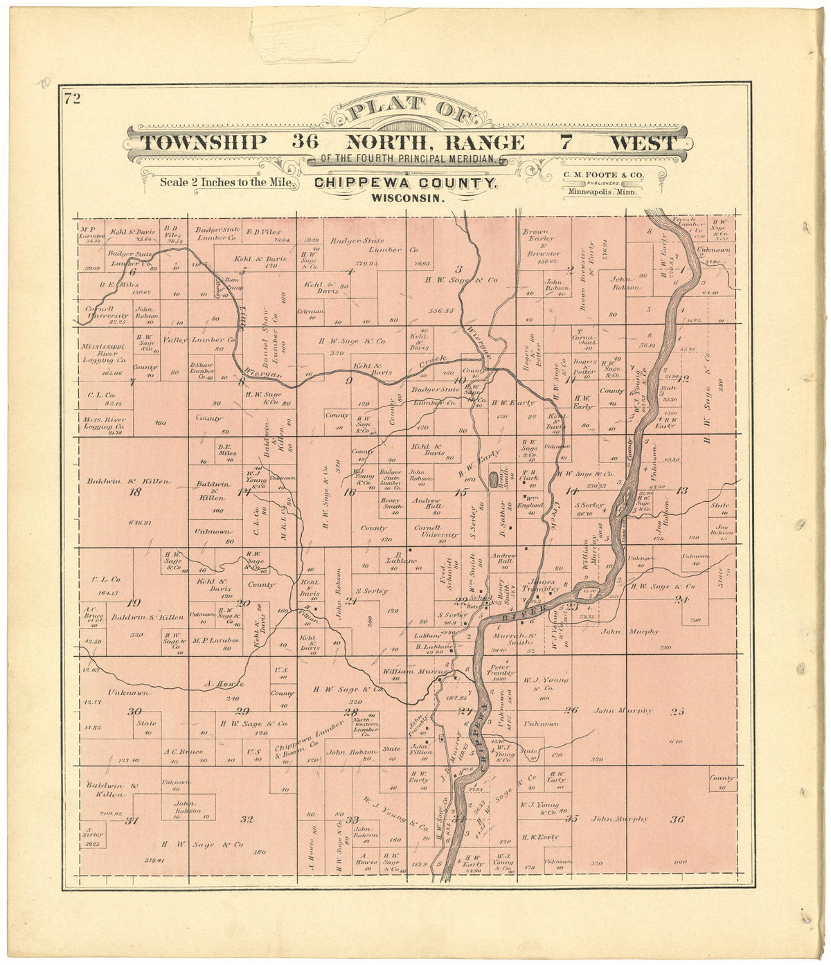 Plat of Township 36 North, Range 7 West from Plat Book of Chippewa County, Wisconsin 1888 by Relic Map Company