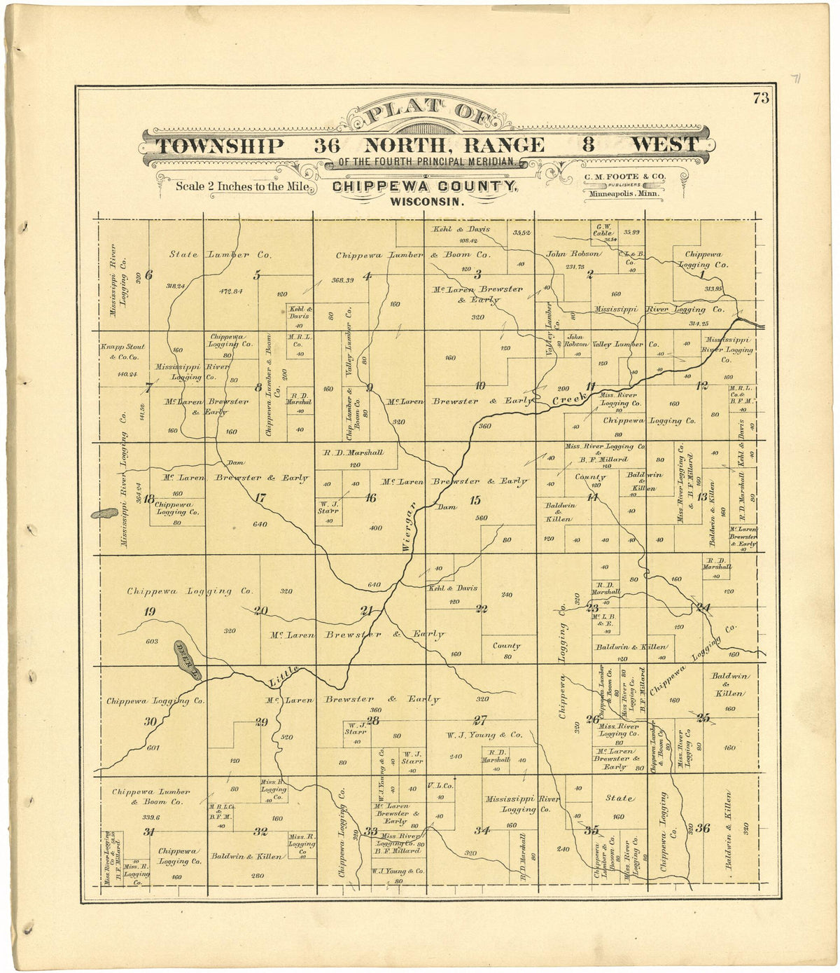 Plat of Township 36 North, Range 8 West from Plat Book of Chippewa County, Wisconsin 1888 by Relic Map Company