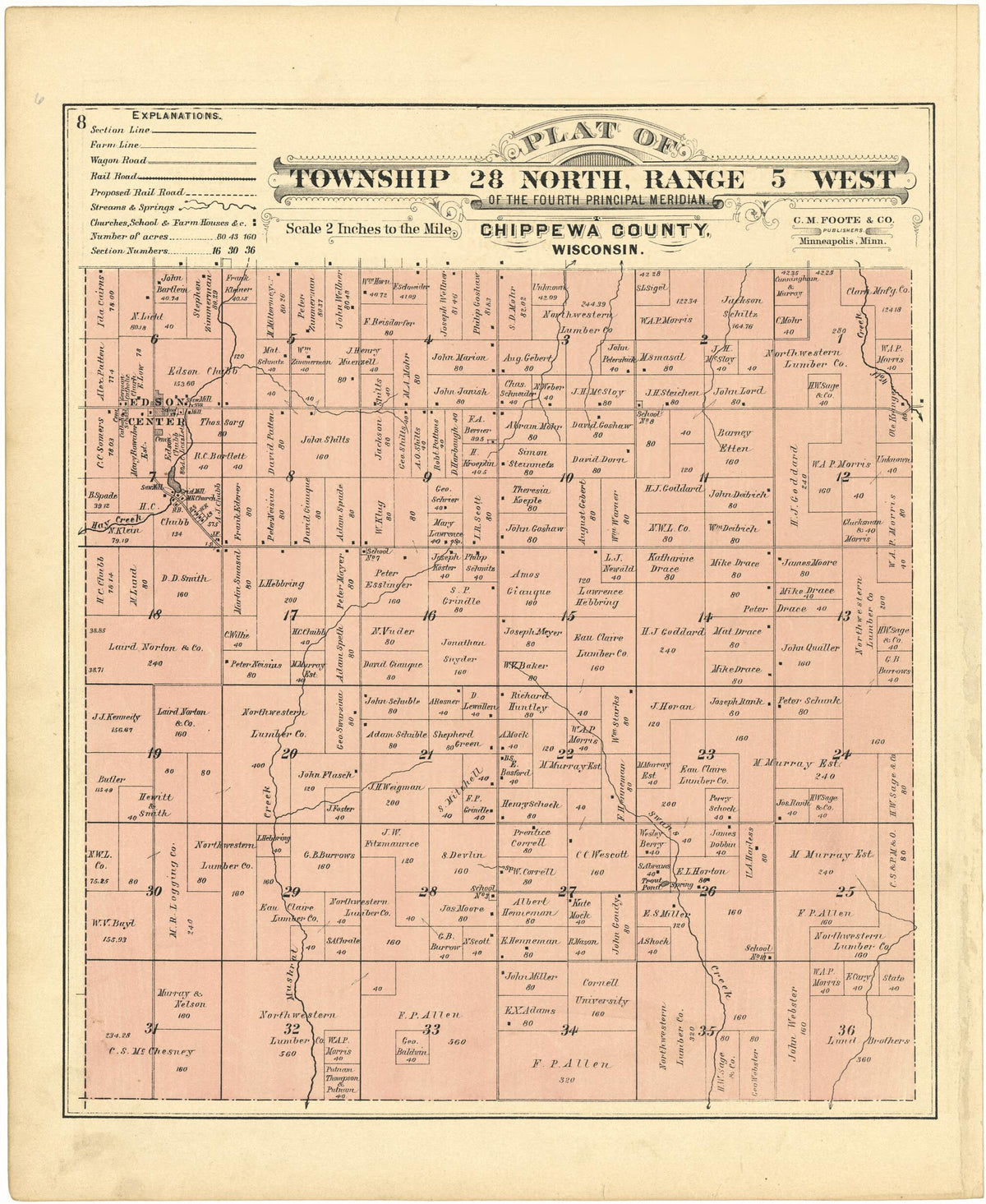 Plat of Township 28 North, Range 5 West from Plat Book of Chippewa County, Wisconsin 1888 by Relic Map Company