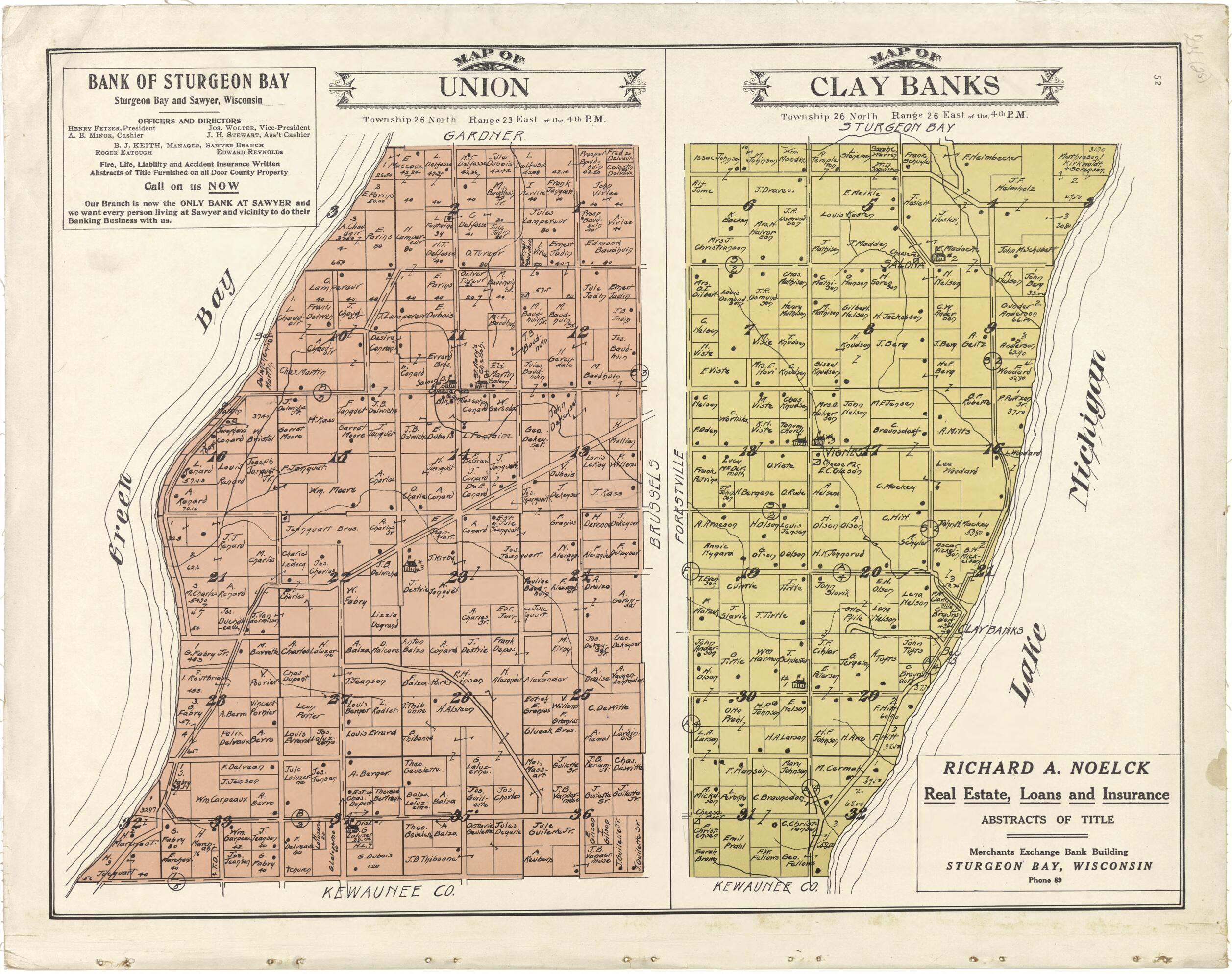 This old map of Map of Union; Map of Clay Banks from Atlas of Door County, Wisconsin from 1914 was created by Otto Nelson in 1914