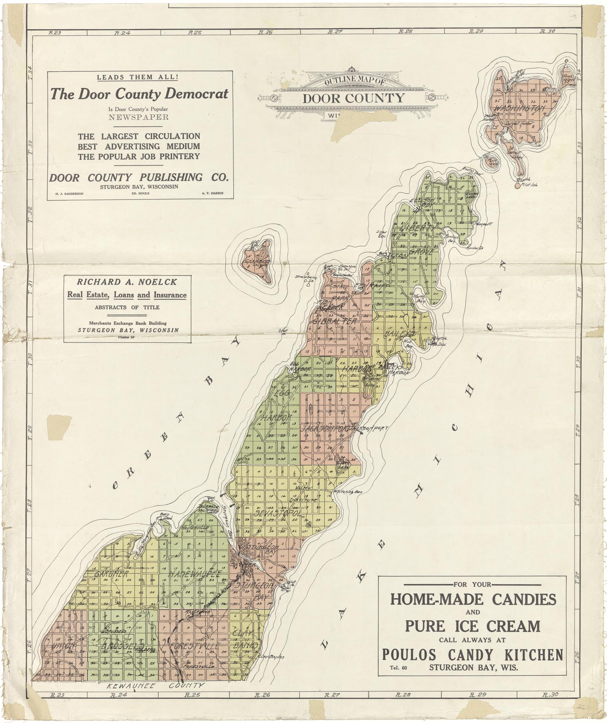 This old map of Outline Map of Door County, Wisconsin from Atlas of Door County, Wisconsin from 1914 was created by Otto Nelson in 1914