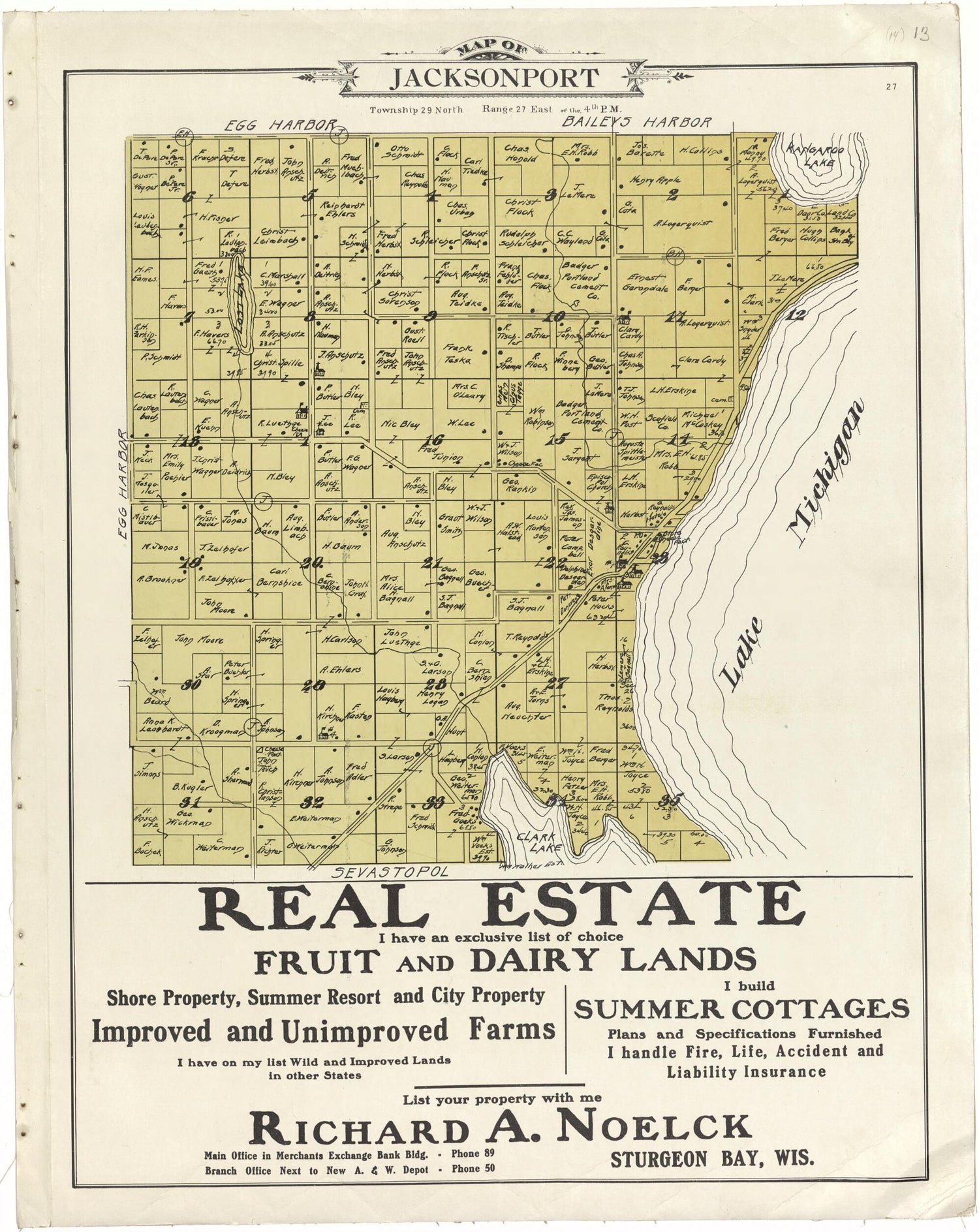 This old map of Map of Jacksonport from Atlas of Door County, Wisconsin from 1914 was created by Otto Nelson in 1914